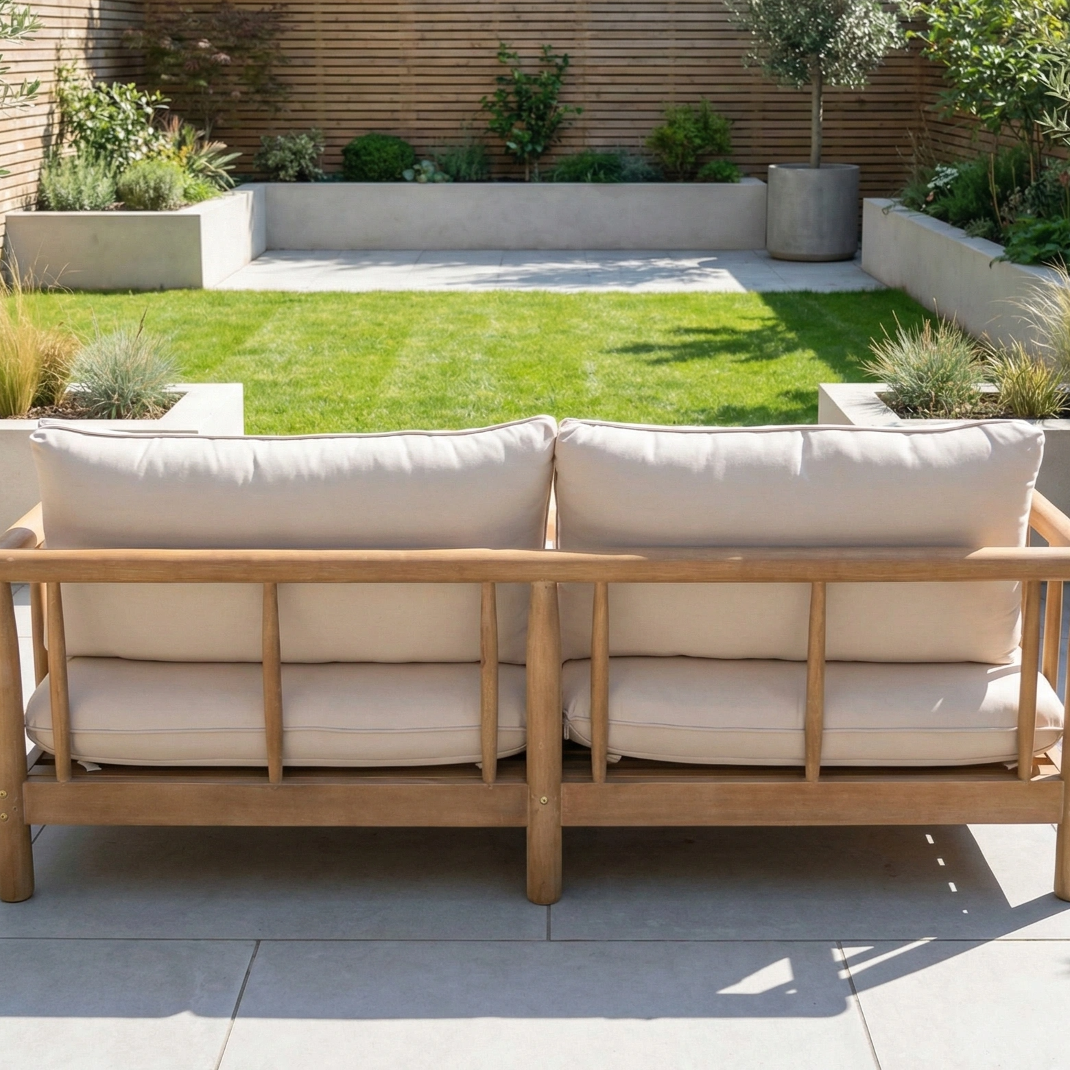 A modern backyard featuring the Lavenham 2 Seat Sofa Set in Linen, a green lawn, and raised garden beds along wooden fencing.