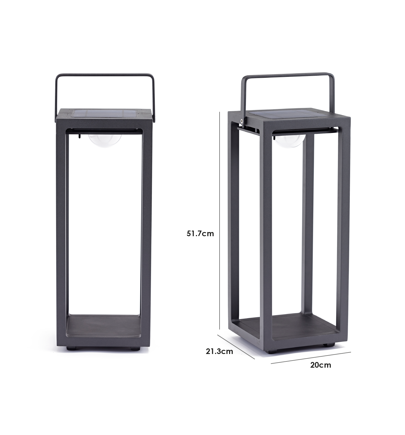 The Luxor Large Floor Outdoor and Indoor Solar Lantern in Charcoal, available in a set of two rectangular lanterns with handles, has dimensions of 51.7cm x 21.3cm x 20cm and features front and angled views. These lanterns provide eco-friendly illumination through solar lighting and include an automatic switch for added convenience. Their weatherproof design makes them perfect for outdoor use.