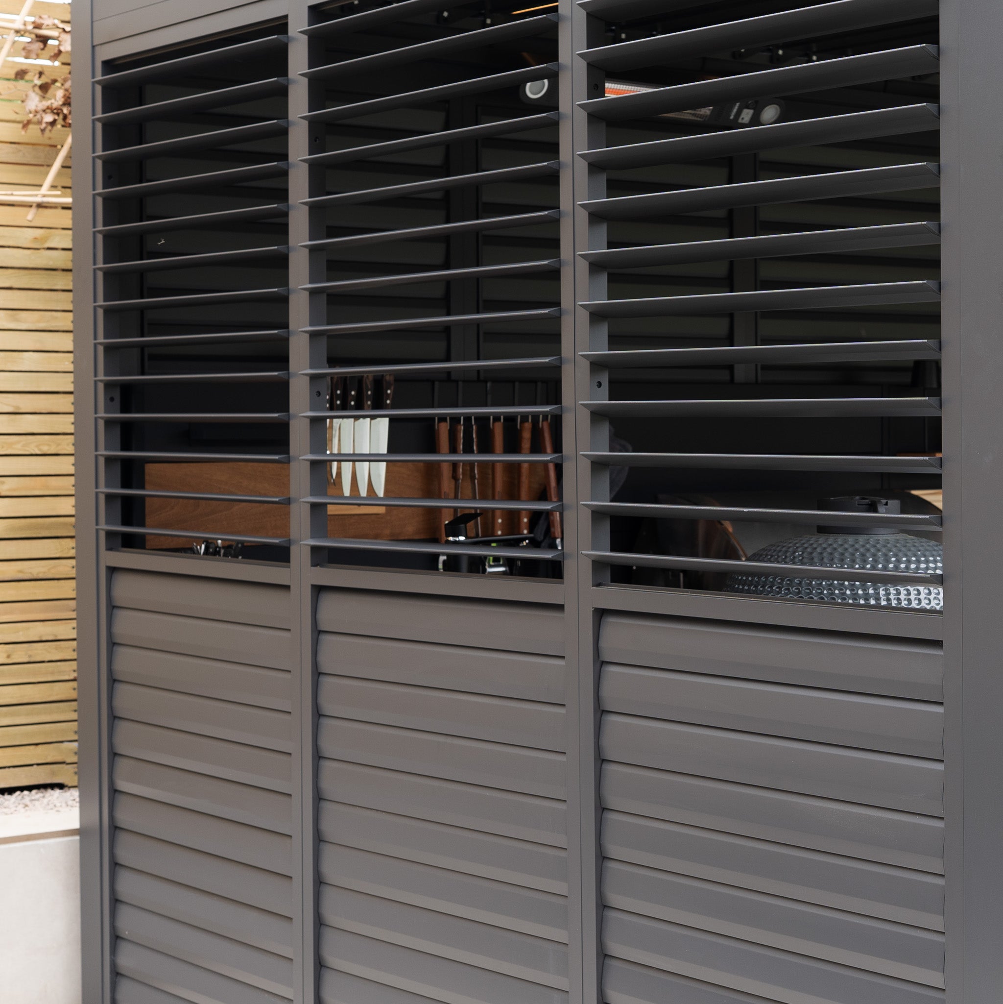 PergoSTET Deluxe 3m x 6m Rectangular Pergola with Motorised LED Louvres, Louvred Side Panels and Manual Drop Side Blinds in Grey