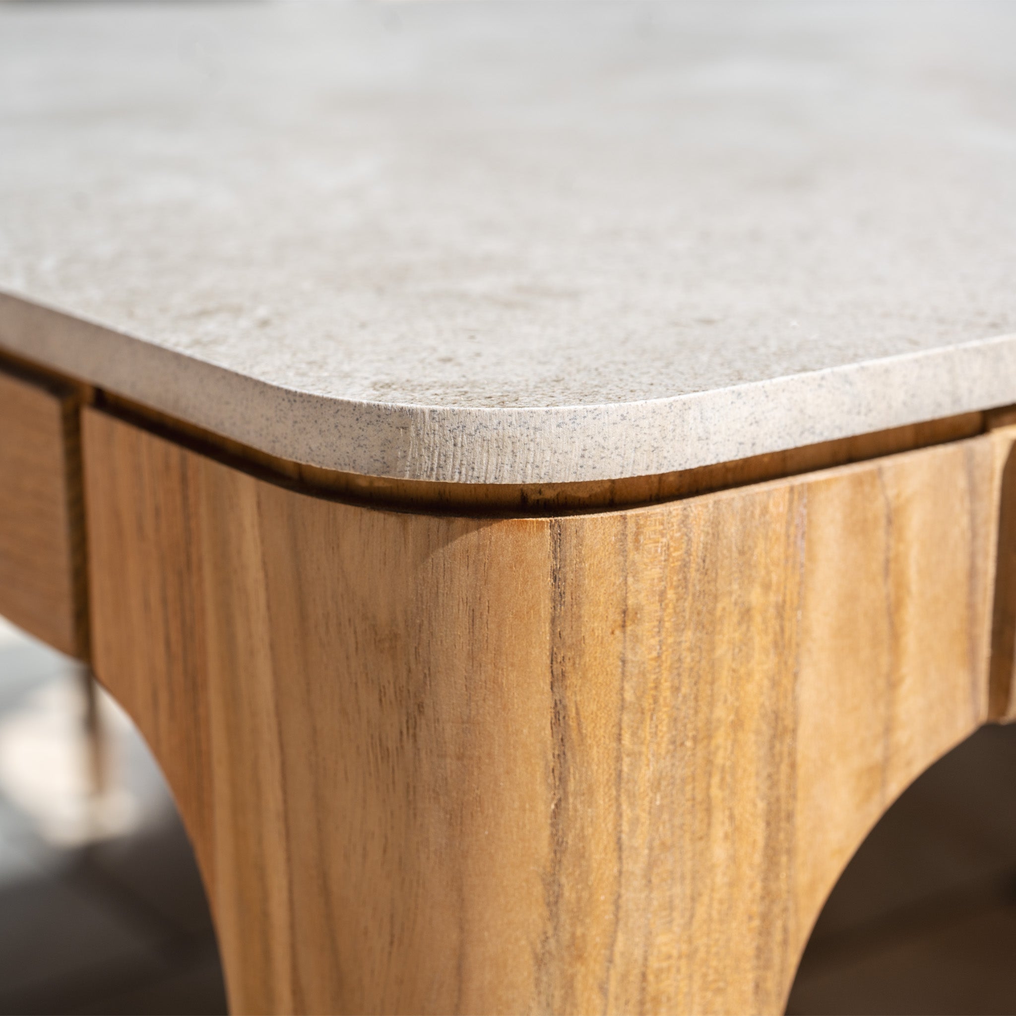 Close-up of the Lucca 8 Seat Dining Set with Ceramic Top Table in Natural Weave, highlighting the elegant ceramic tabletop and smooth wood base—an ideal addition to any outdoor furniture arrangement.