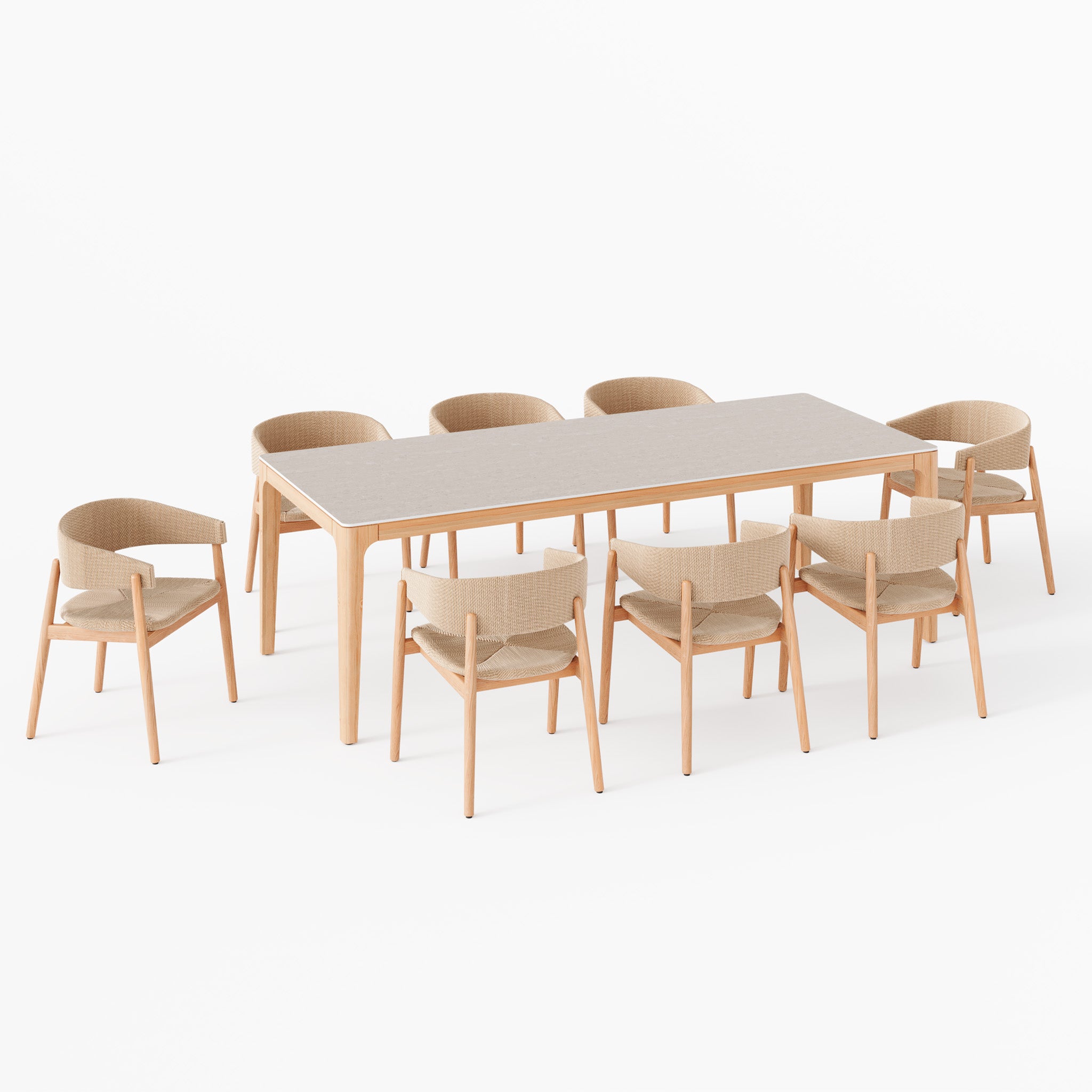 The Lucca 8 Seat Dining Set with Ceramic Top Table in Natural Weave includes a modern table and eight light wood chairs featuring woven backrests. Crafted with a teak frame, this stylish set is an elegant focal point for any dining area.