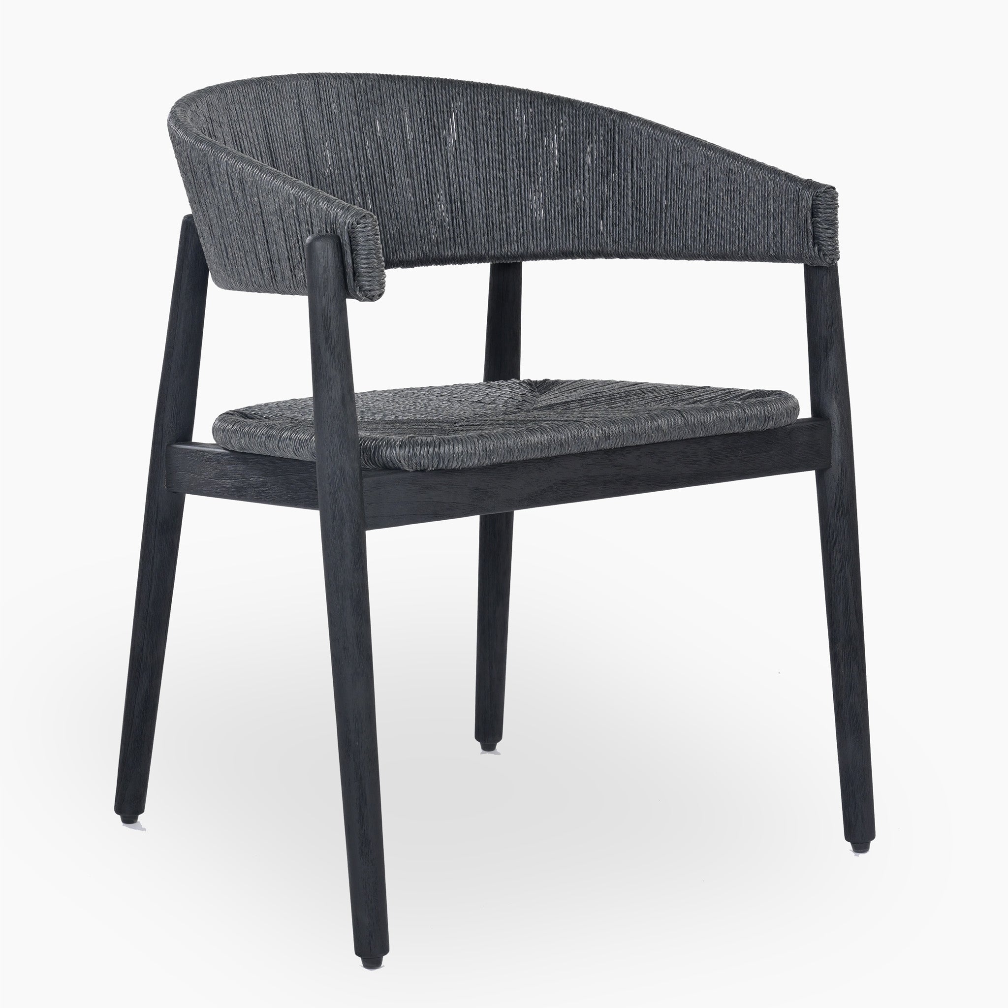 The Lucca 6 Seat Dining Set with Teak Round Table in Black offers a modern gray chair with a curved backrest and sturdy wooden frame, hand-woven in wicker, perfect for enhancing your outdoor living space.