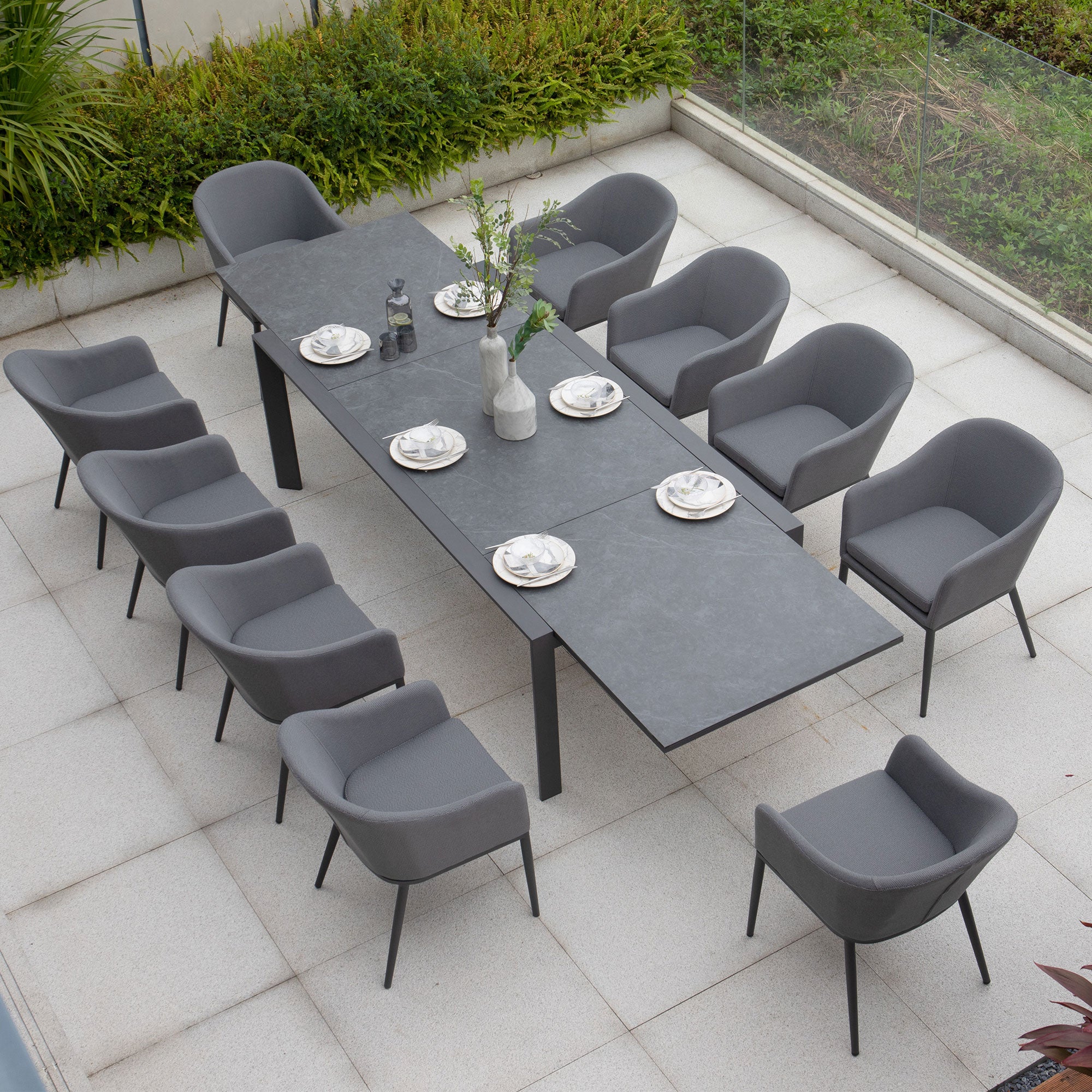 Luna 10 Seat Outdoor Fabric Extending Ceramic Dining Set in Grey
