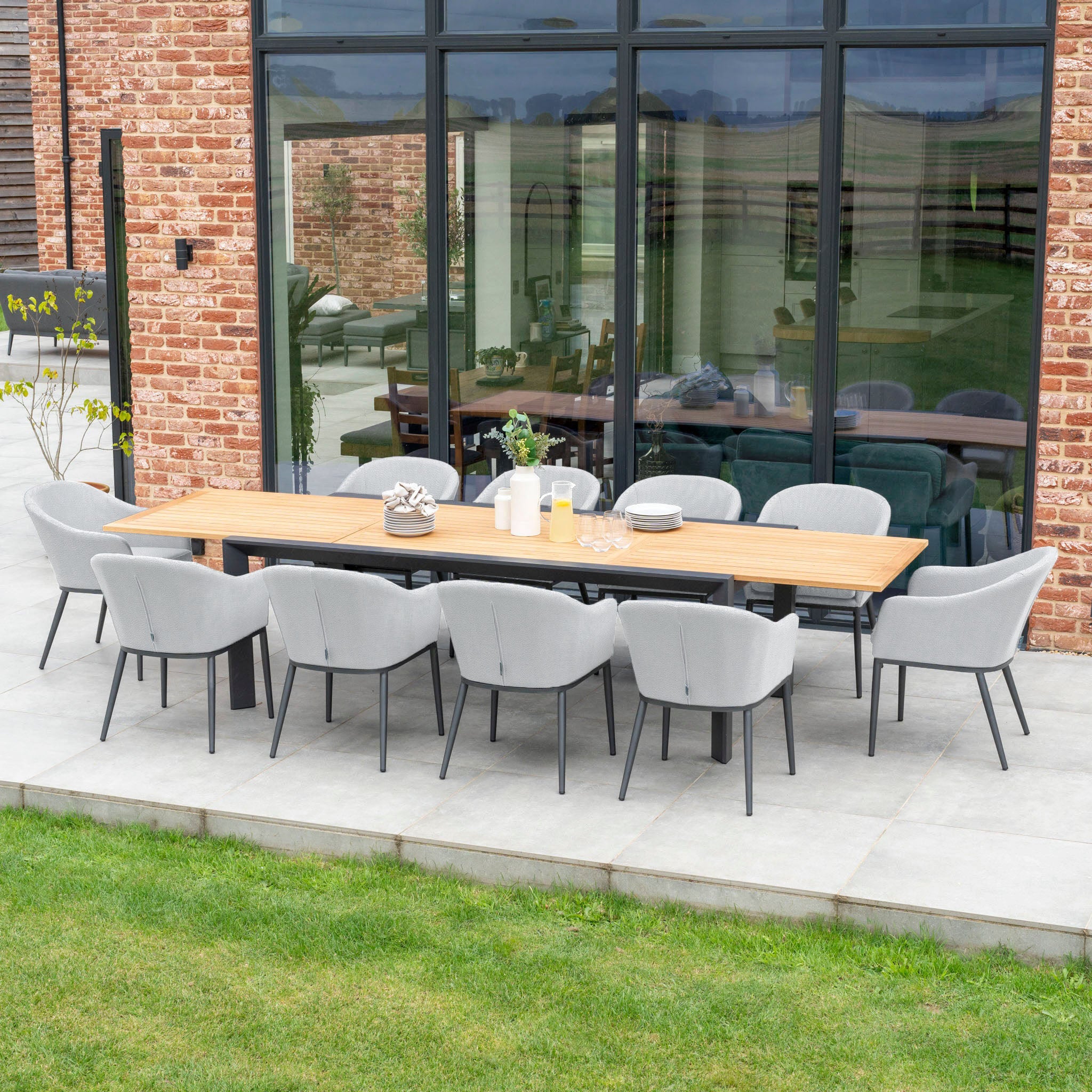 Luna 10 Seat Outdoor Fabric Extending Teak Dining Set in Oyster Grey