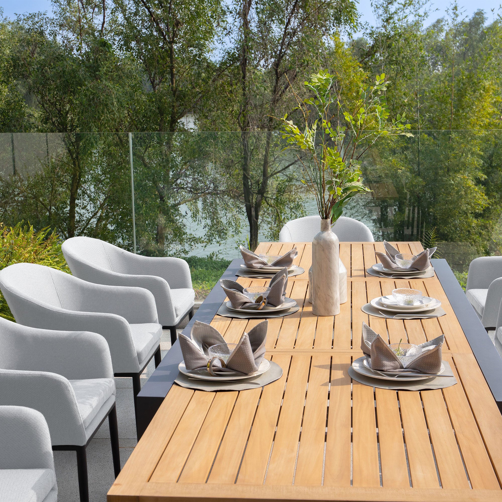 Luna 8 Seat Outdoor Fabric Extending Teak Dining Set in Oyster Grey