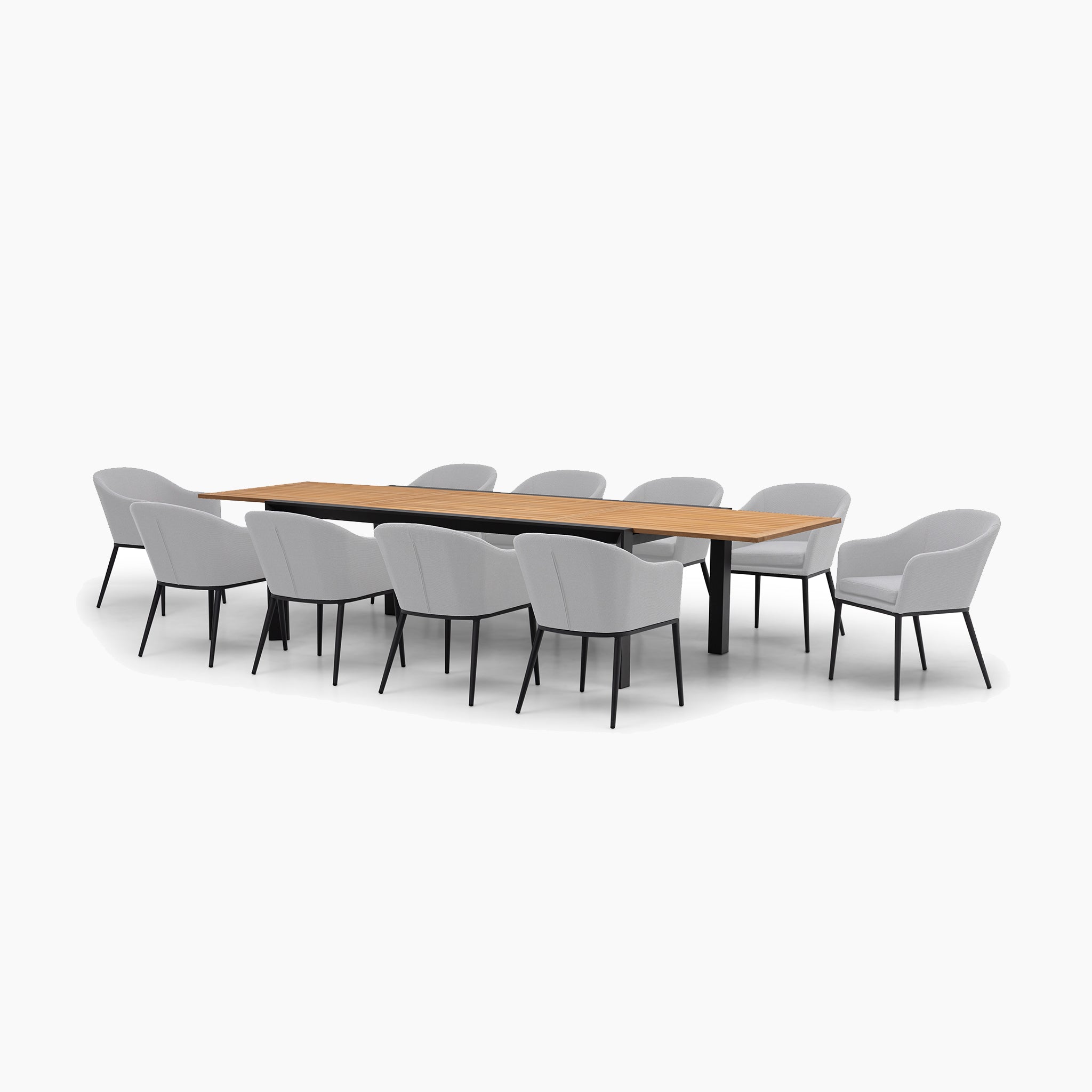 The Luna 10 Seat Outdoor Fabric Extending Teak Dining Set in Oyster Grey features a long rectangular table with a wooden top and black legs, surrounded by ten gray cushioned chairs upholstered in durable outdoor fabric.