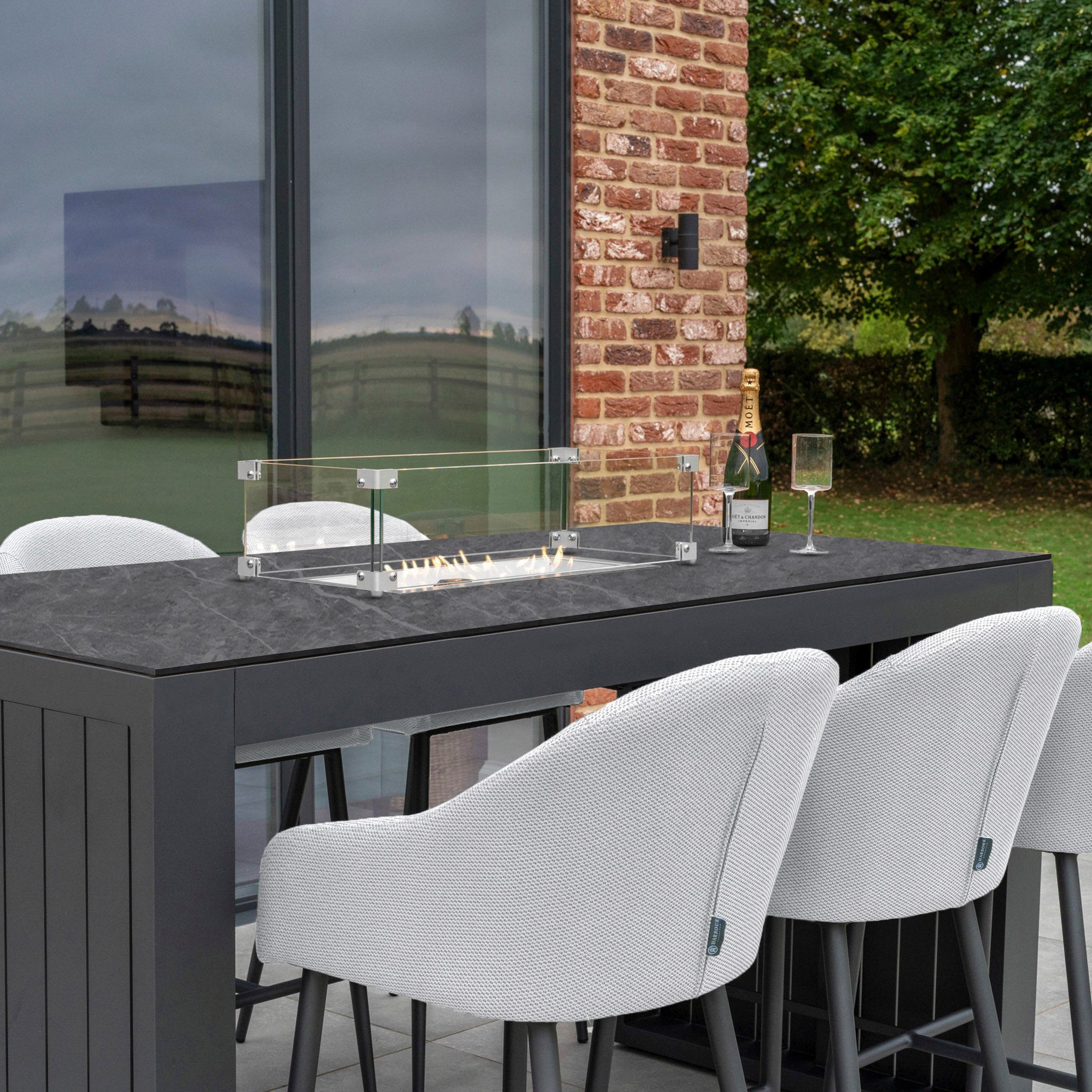 Luna 6 Seat Outdoor Fabric Ceramic Firepit Bar Set in Oyster Grey