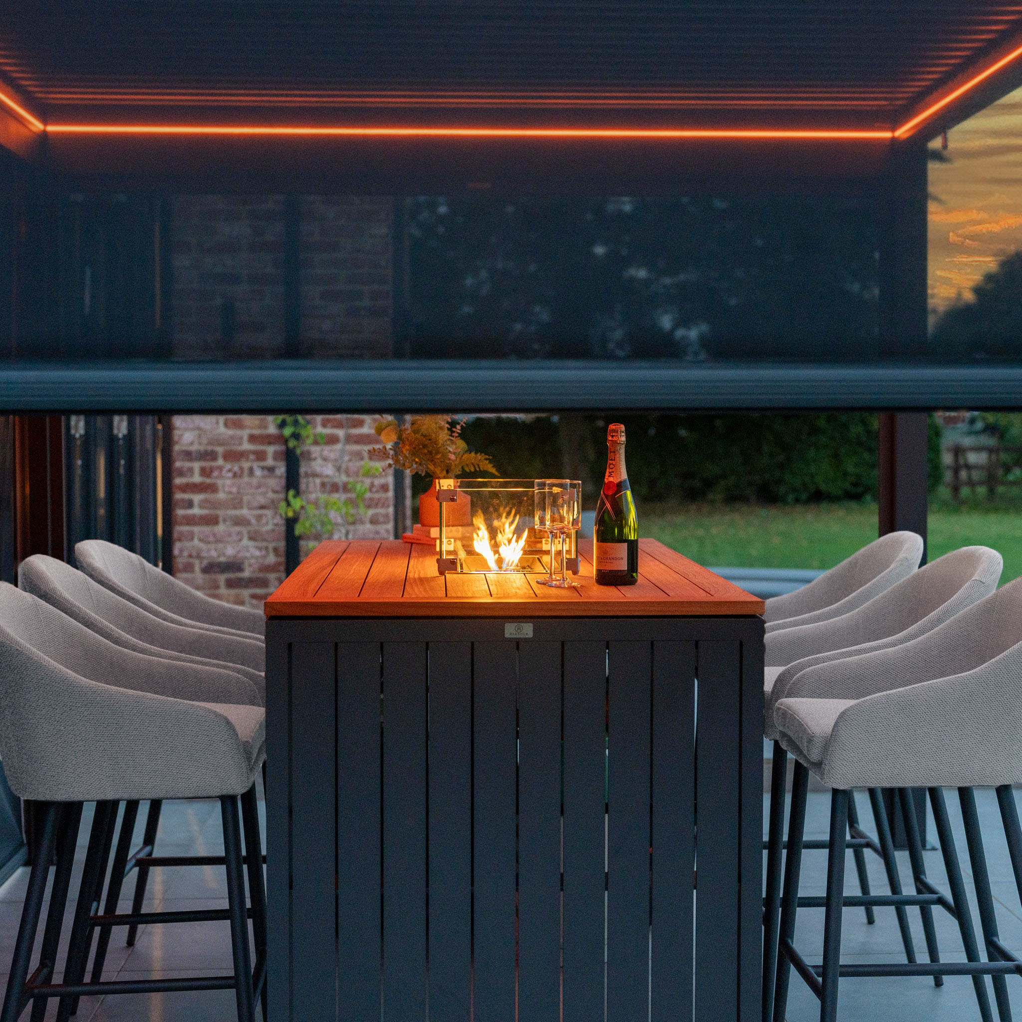 Luna 6 Seat Outdoor Fabric Teak Firepit Bar Set in Oyster Grey
