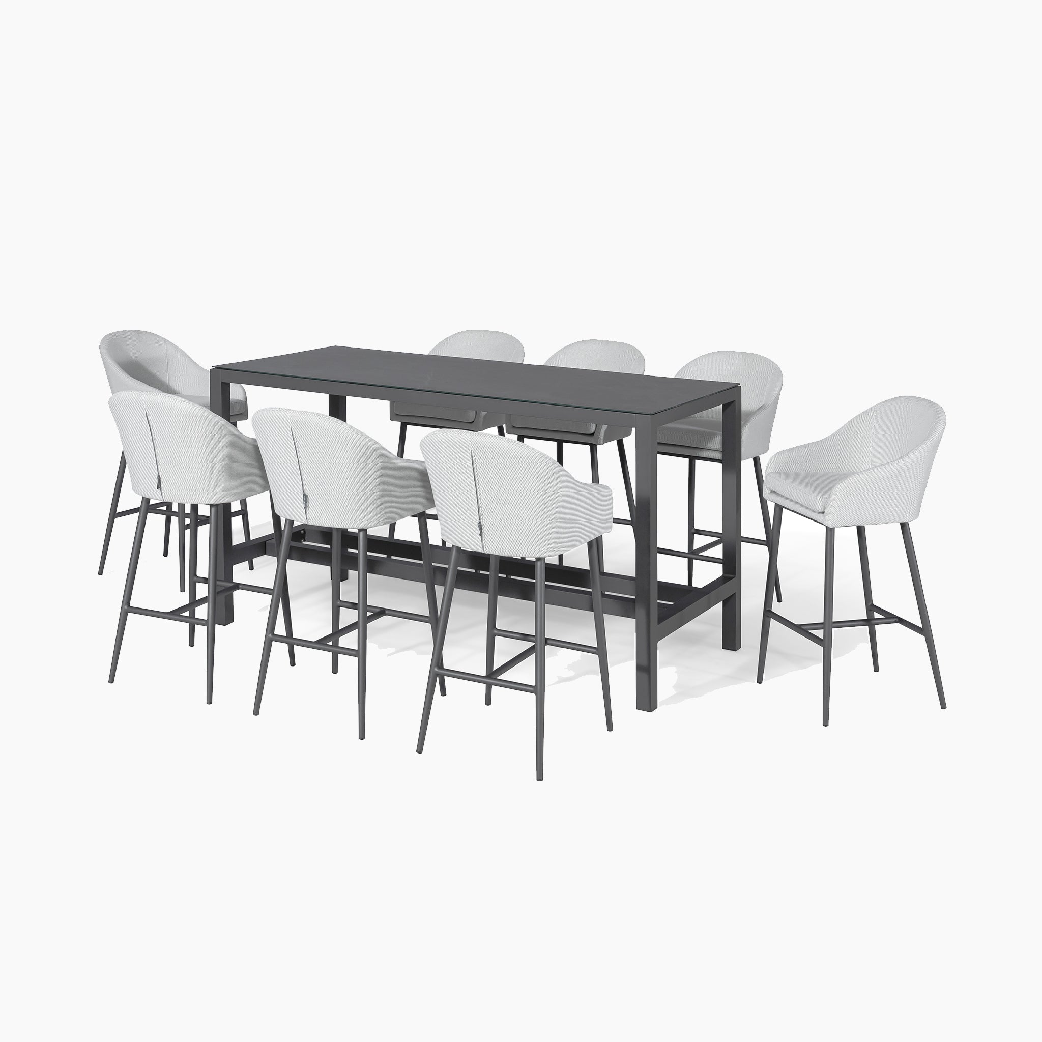 The Luna 8 Seat Bar Set in Oyster Grey is a modern bar set that includes a high dining table and eight light gray upholstered barstools, crafted from all-weather materials with durable Luna outdoor fabric, set against a pristine white background.