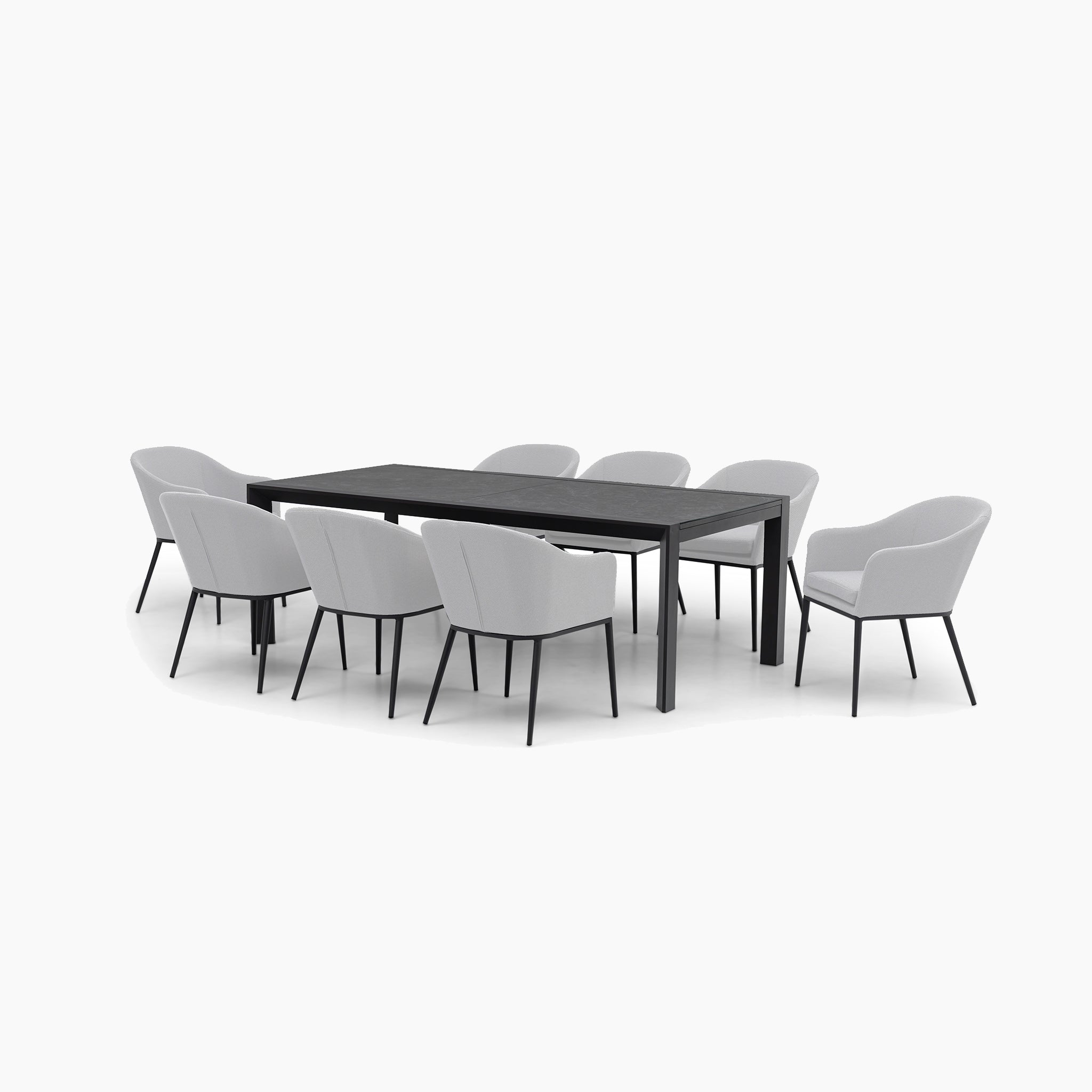 The Luna 8 Seat Outdoor Fabric Extending Ceramic Dining Set in Oyster Grey features a rectangular extending dining table with eight white cushioned chairs arranged around it, utilizing all-weather materials.