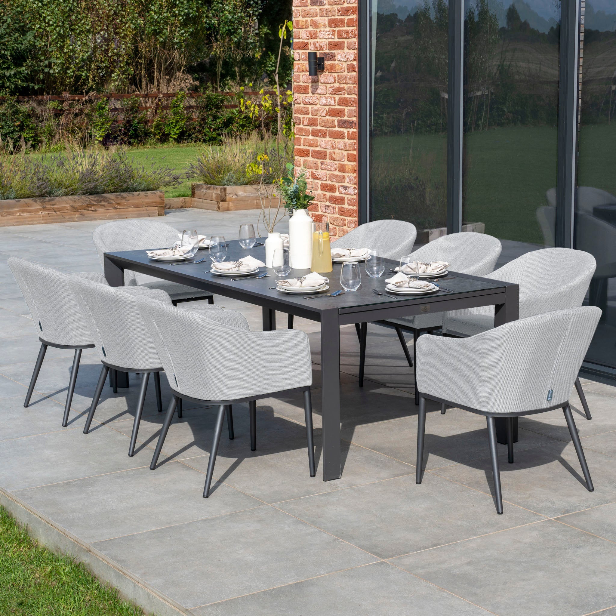 Luna 8 Seat Outdoor Fabric Extending Ceramic Dining Set in Oyster Grey