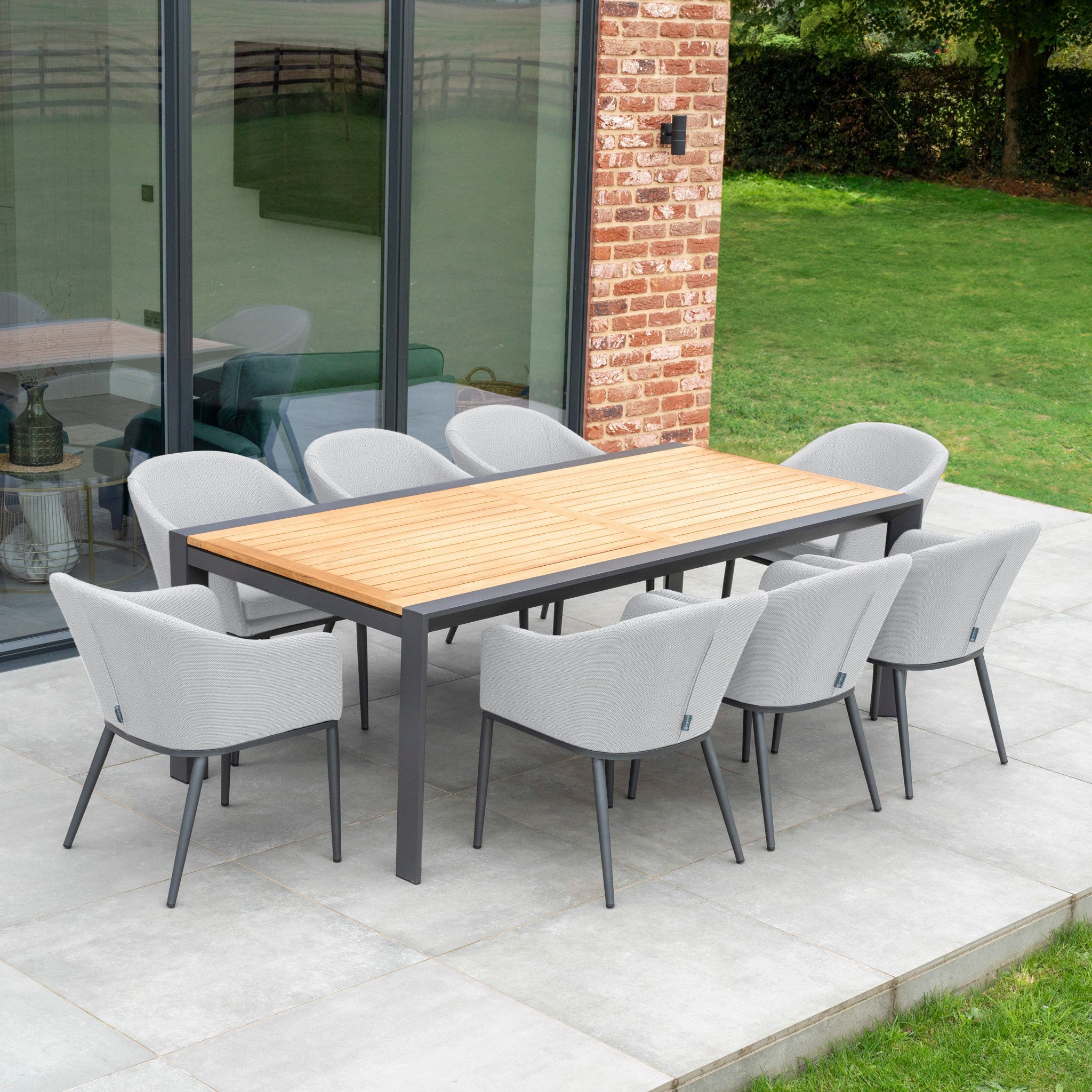 Luna 8 Seat Outdoor Fabric Extending Teak Dining Set in Oyster Grey