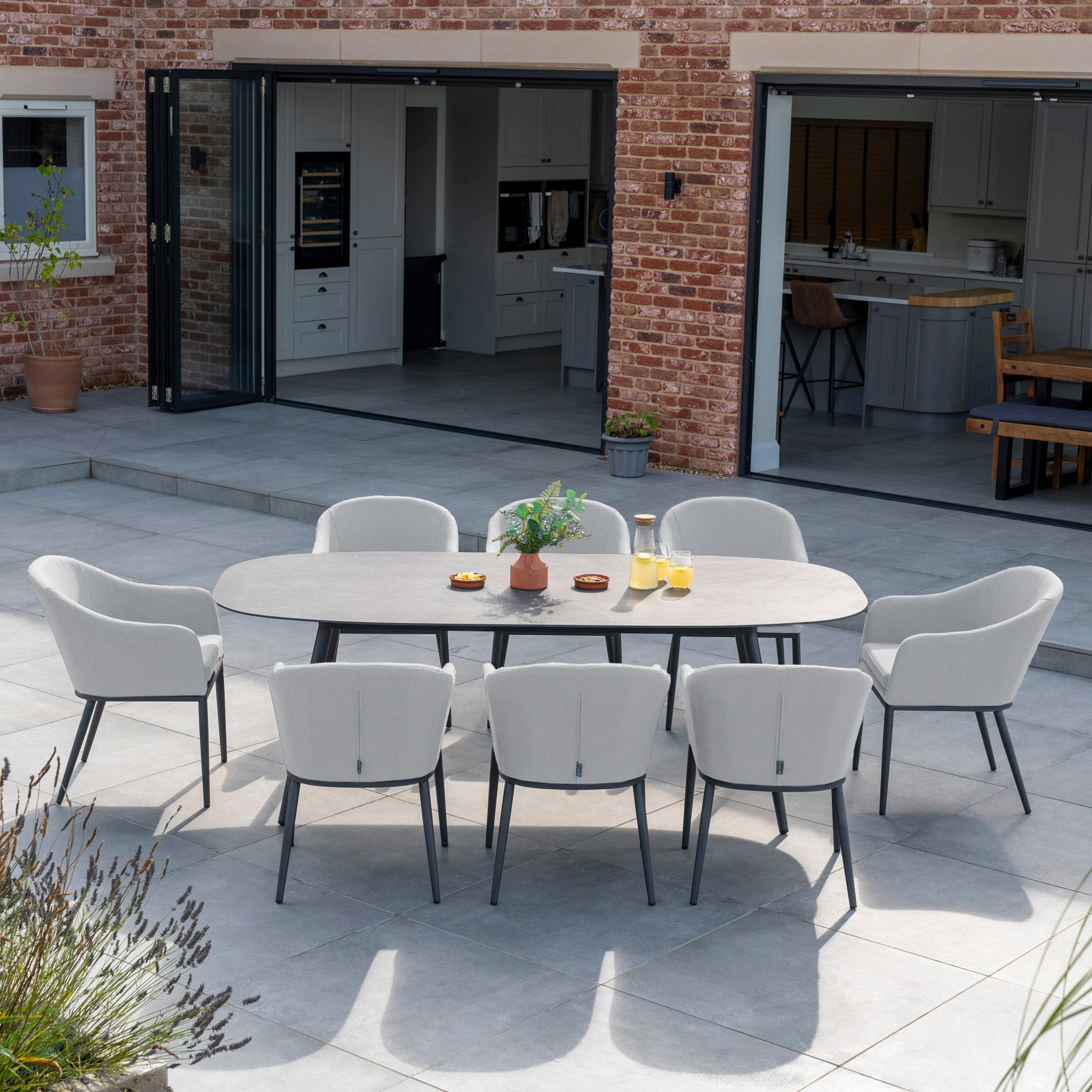 Luna 8 Seat Outdoor Fabric Oval Ceramic Dining Set in Oyster Grey