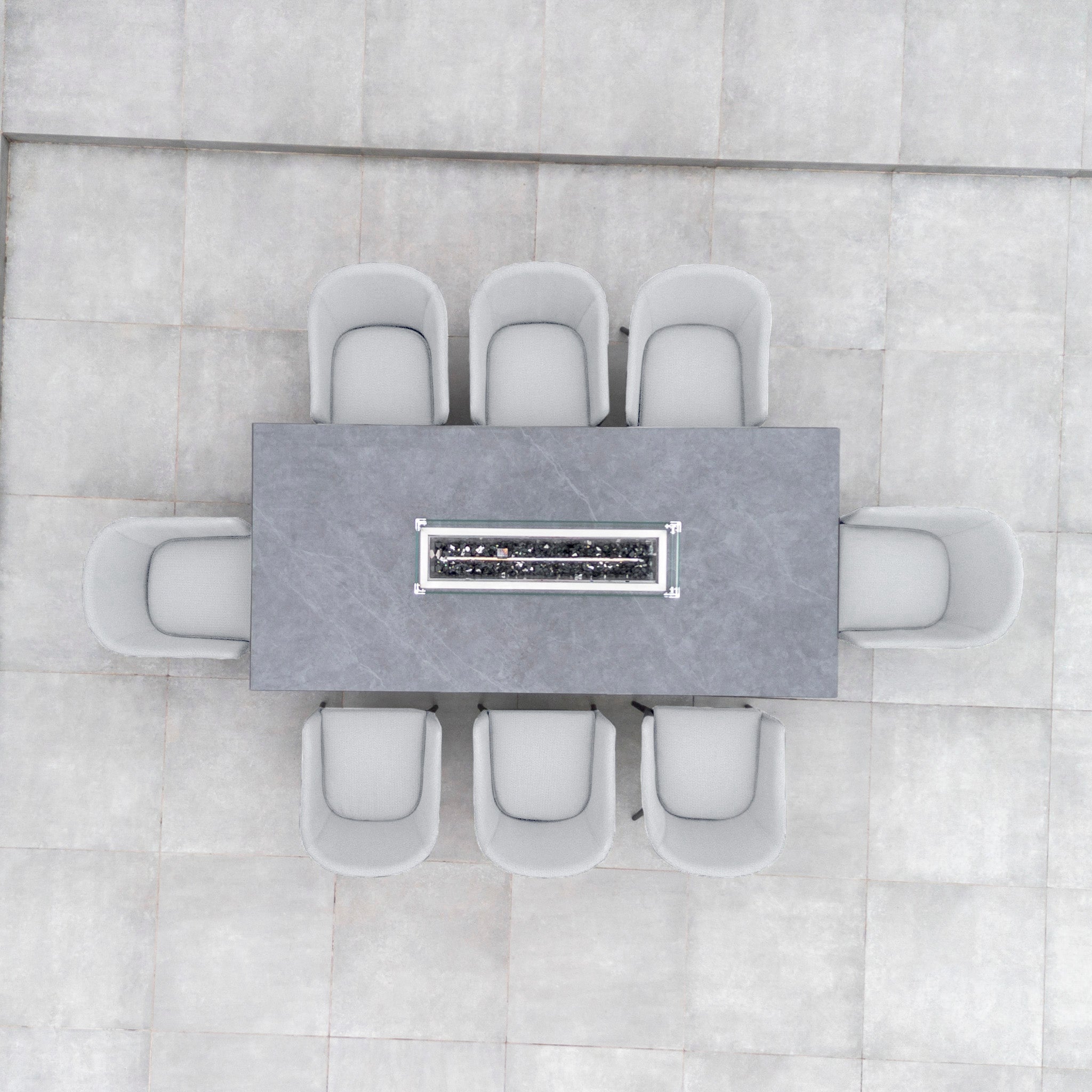 Aerial view of a Luna 8 Seat Outdoor Fabric Rectangular Ceramic Firepit Dining Set in Oyster Grey on a tiled patio.