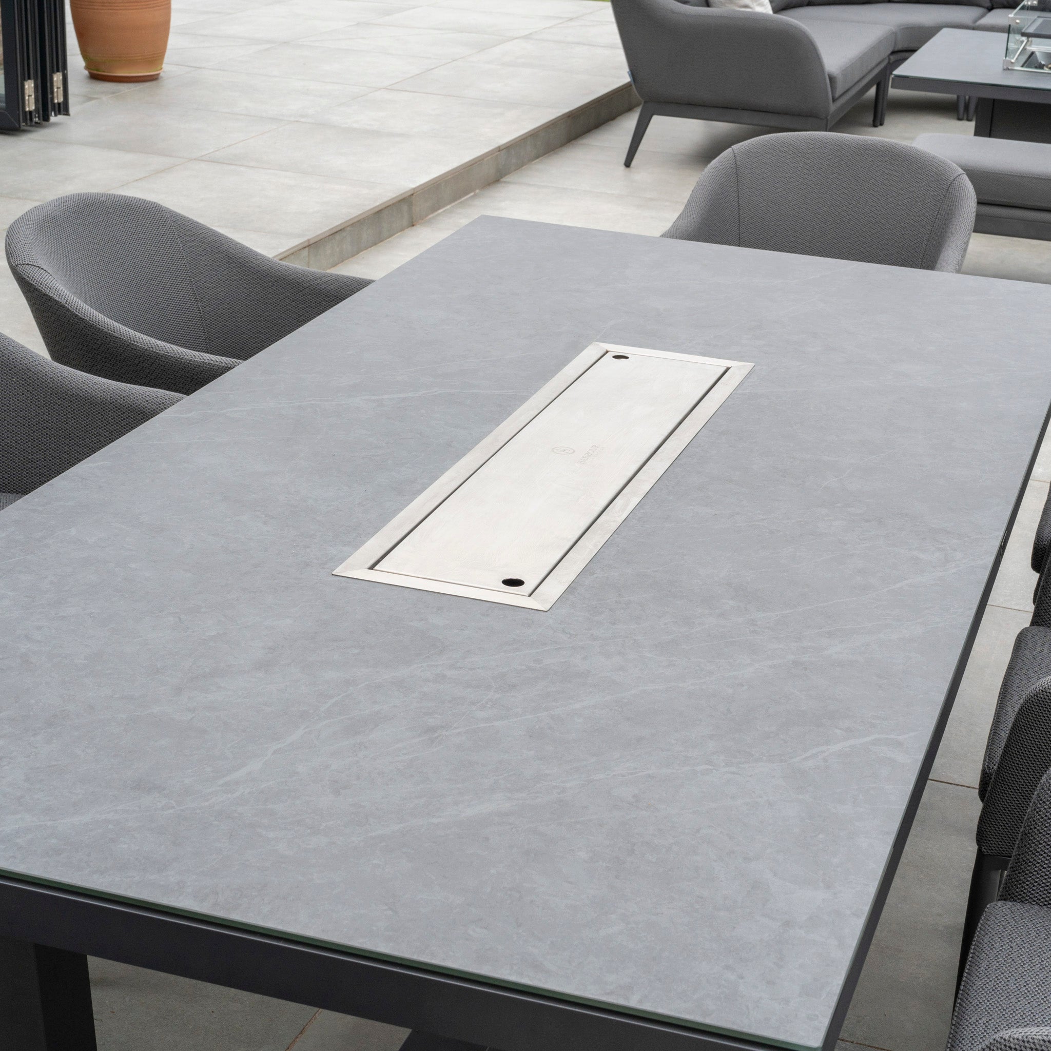 Luna 8 Seat Outdoor Fabric Rectangular Ceramic Firepit Dining Set in Grey