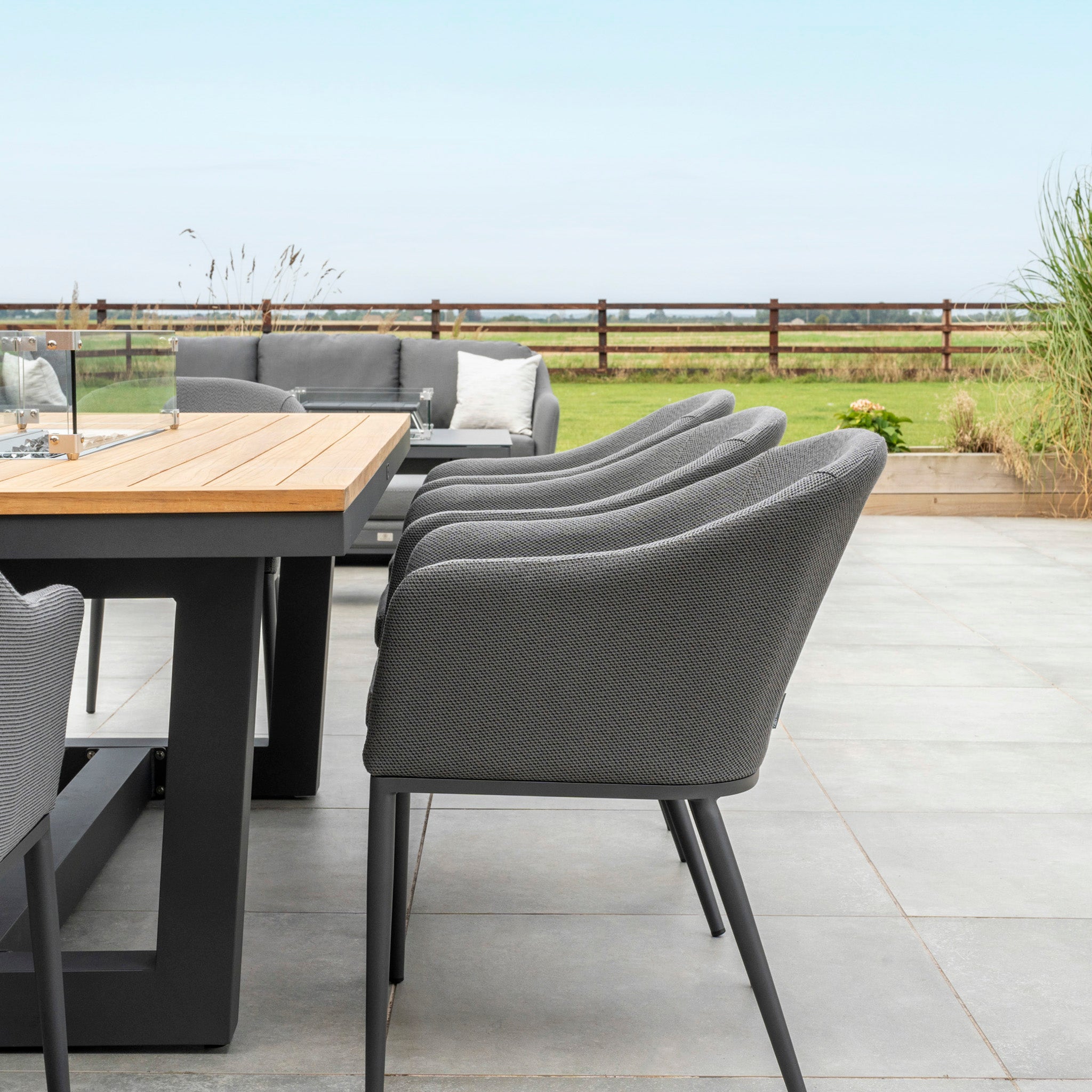 Luna 8 Seat Outdoor Fabric Rectangular Teak Firepit Dining Set in Grey