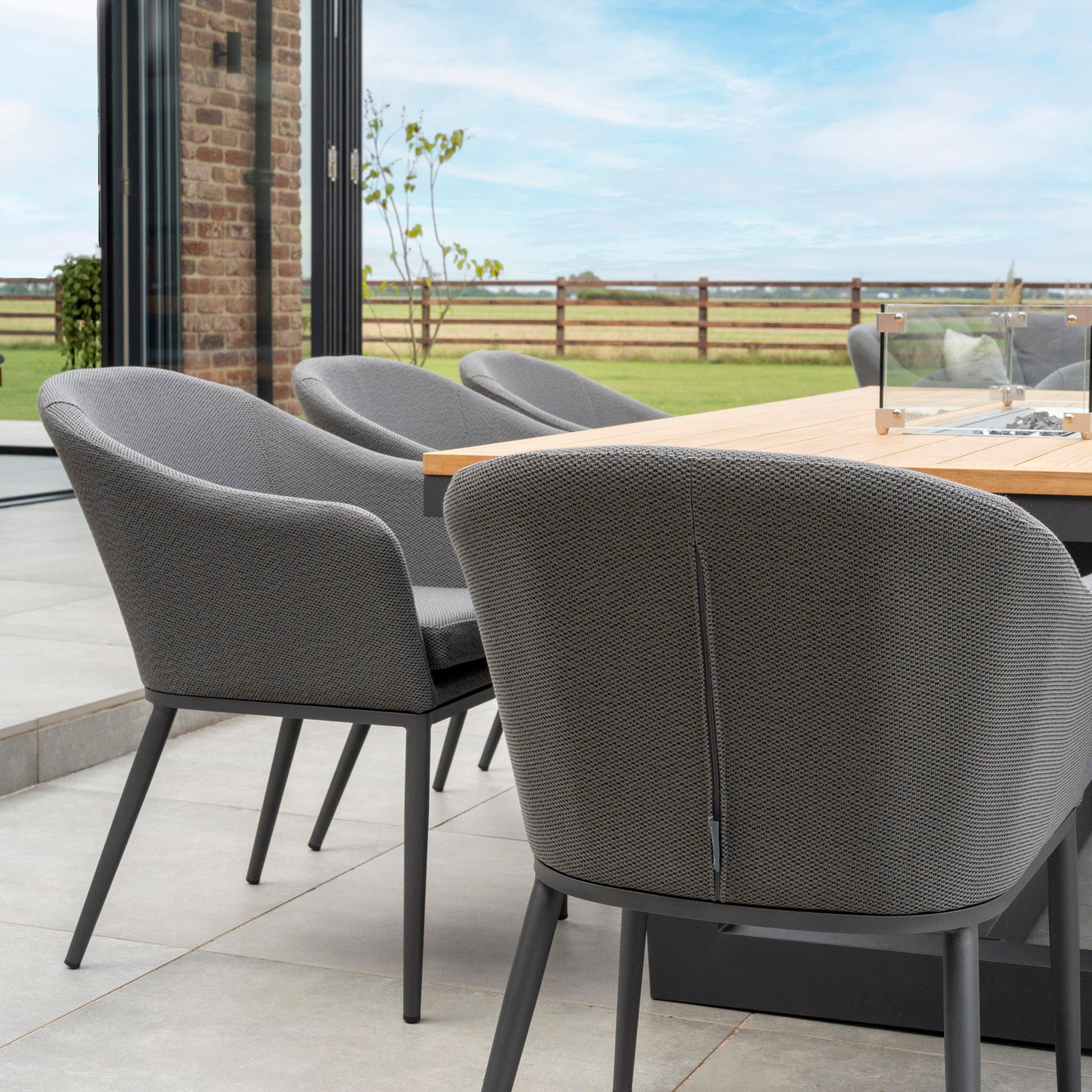 Luna 8 Seat Outdoor Fabric Rectangular Teak Firepit Dining Set in Grey