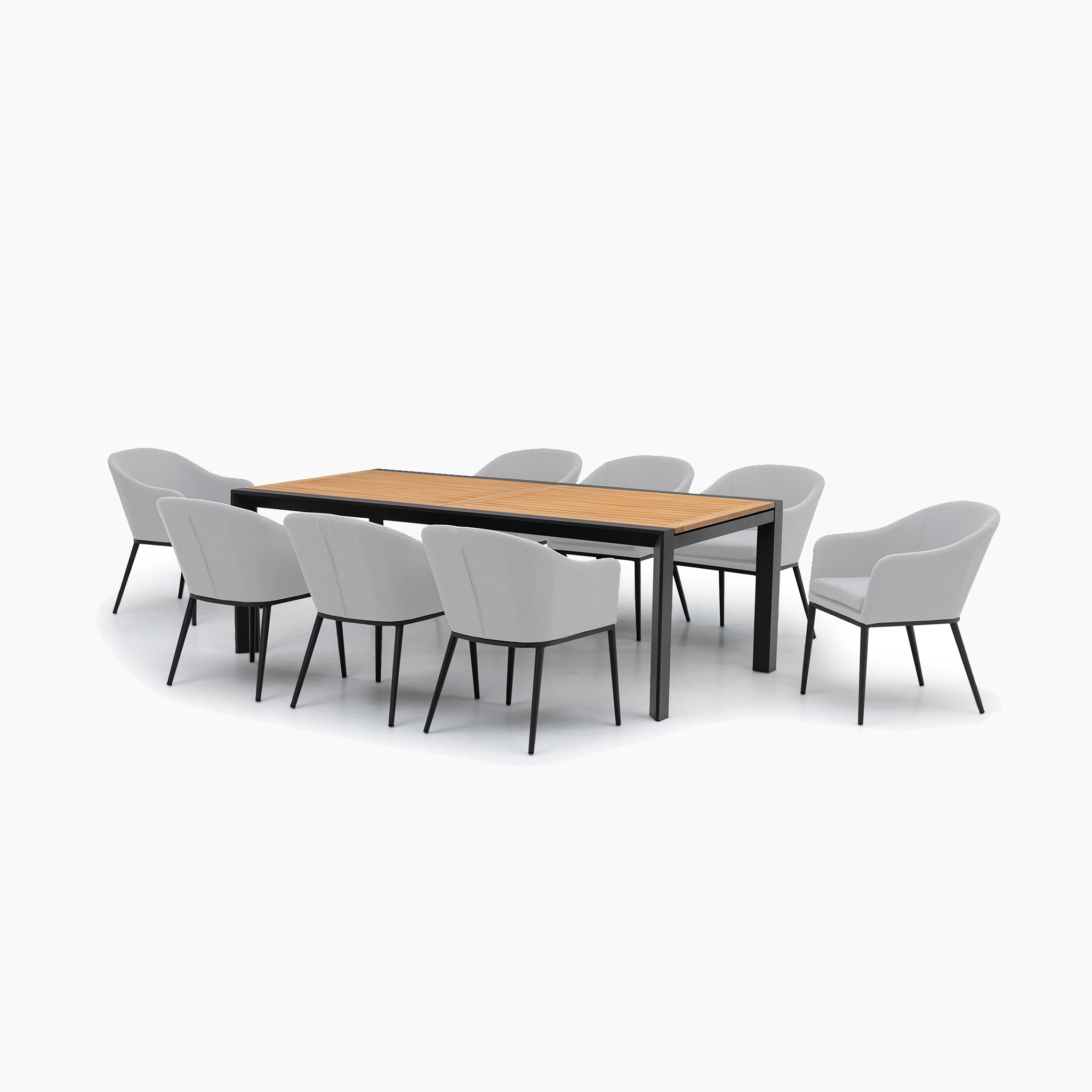 The Luna 8 Seat Outdoor Fabric Extending Teak Dining Set in Oyster Grey features a modern light wood top and eight gray cushioned chairs on black metal legs, designed with durable, maintenance-free outdoor fabric.