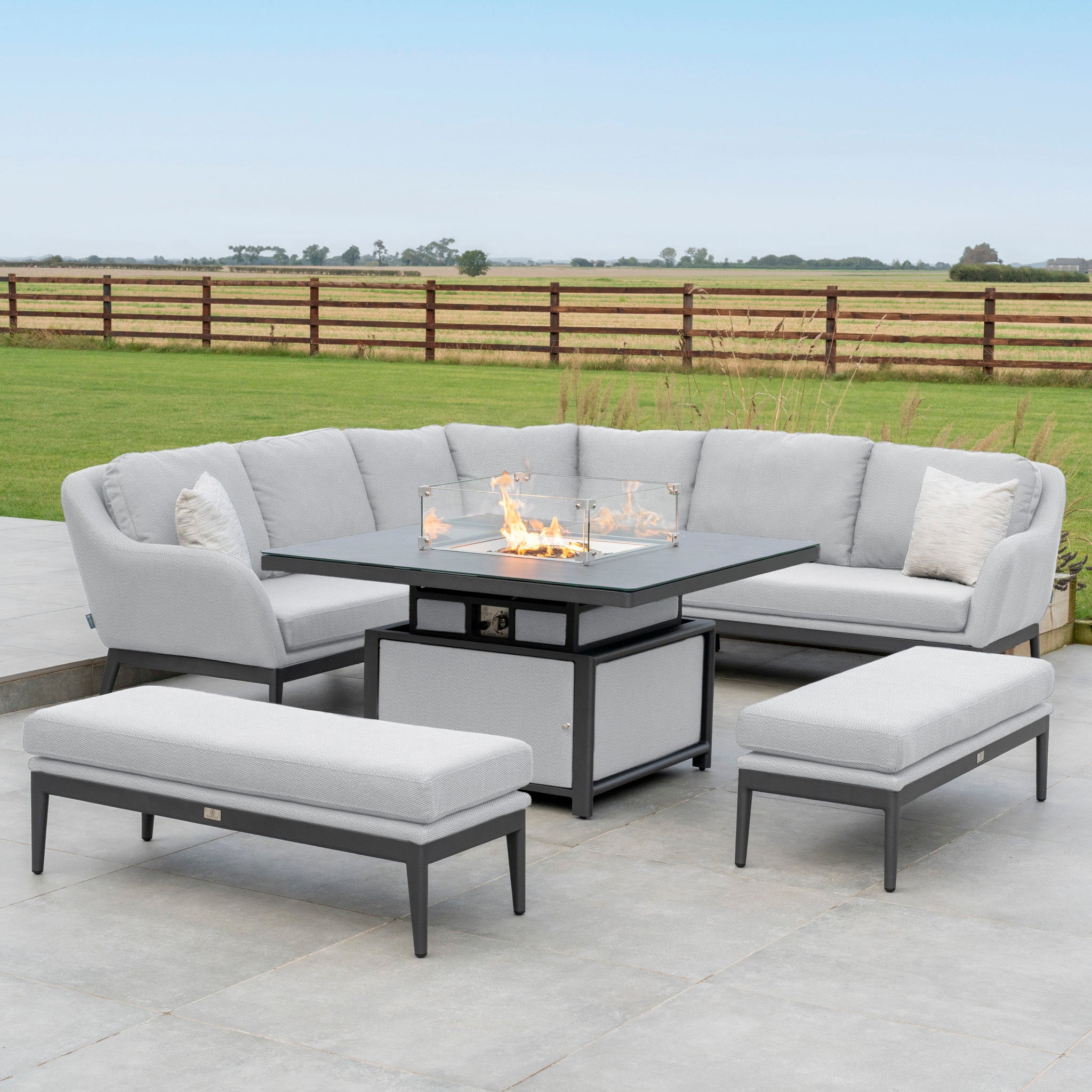 Luna Deluxe Outdoor Fabric Square Corner Dining Set with Rising Firepit Table in Oyster Grey