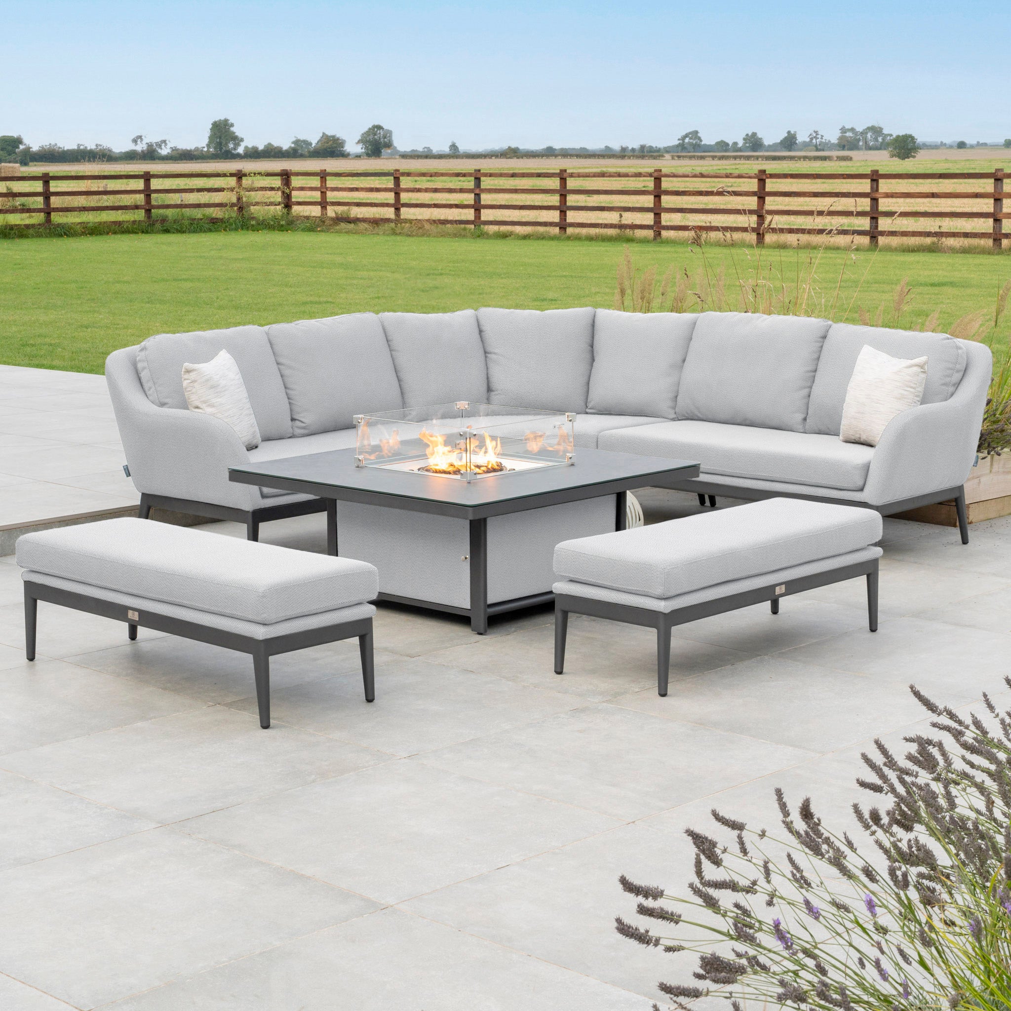 Luna Deluxe Outdoor Fabric Square Corner Dining Set with Rising Firepit Table in Oyster Grey