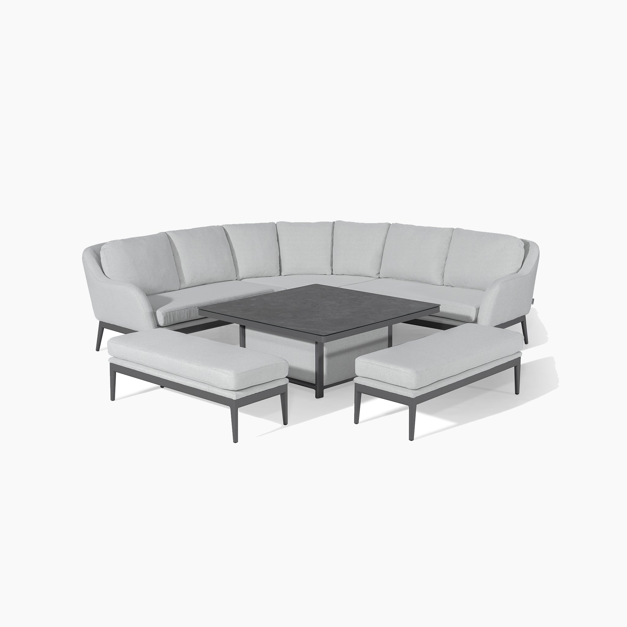 Oyster grey sectional sofa set with a rising square coffee table and two matching benches on a white background, featuring Luna Deluxe outdoor fabric for a maintenance-free experience.