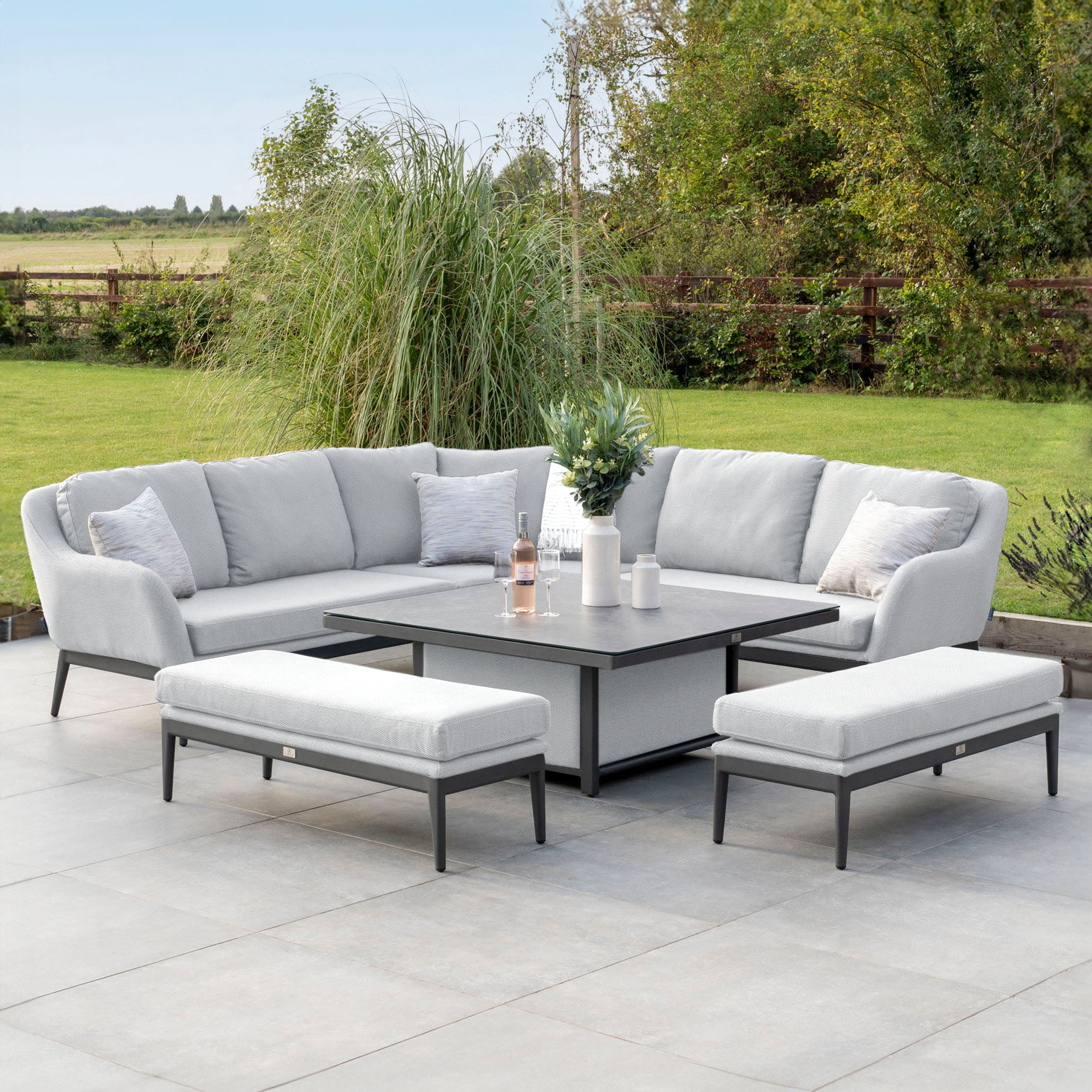 Luna Deluxe Outdoor Fabric Square Corner Dining Set with Rising Table in Oyster Grey
