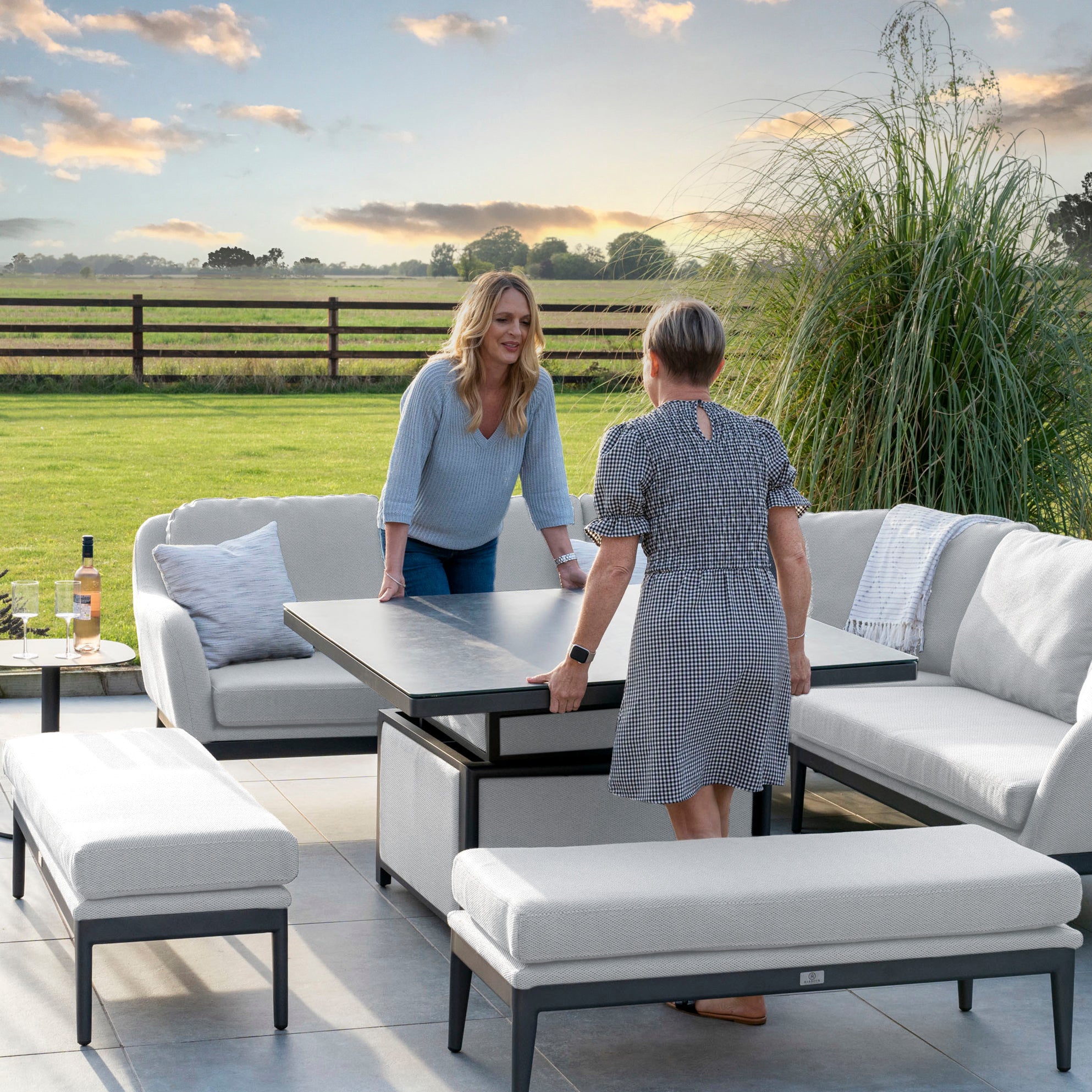 Luna Deluxe Outdoor Fabric Square Corner Dining Set with Rising Table in Oyster Grey