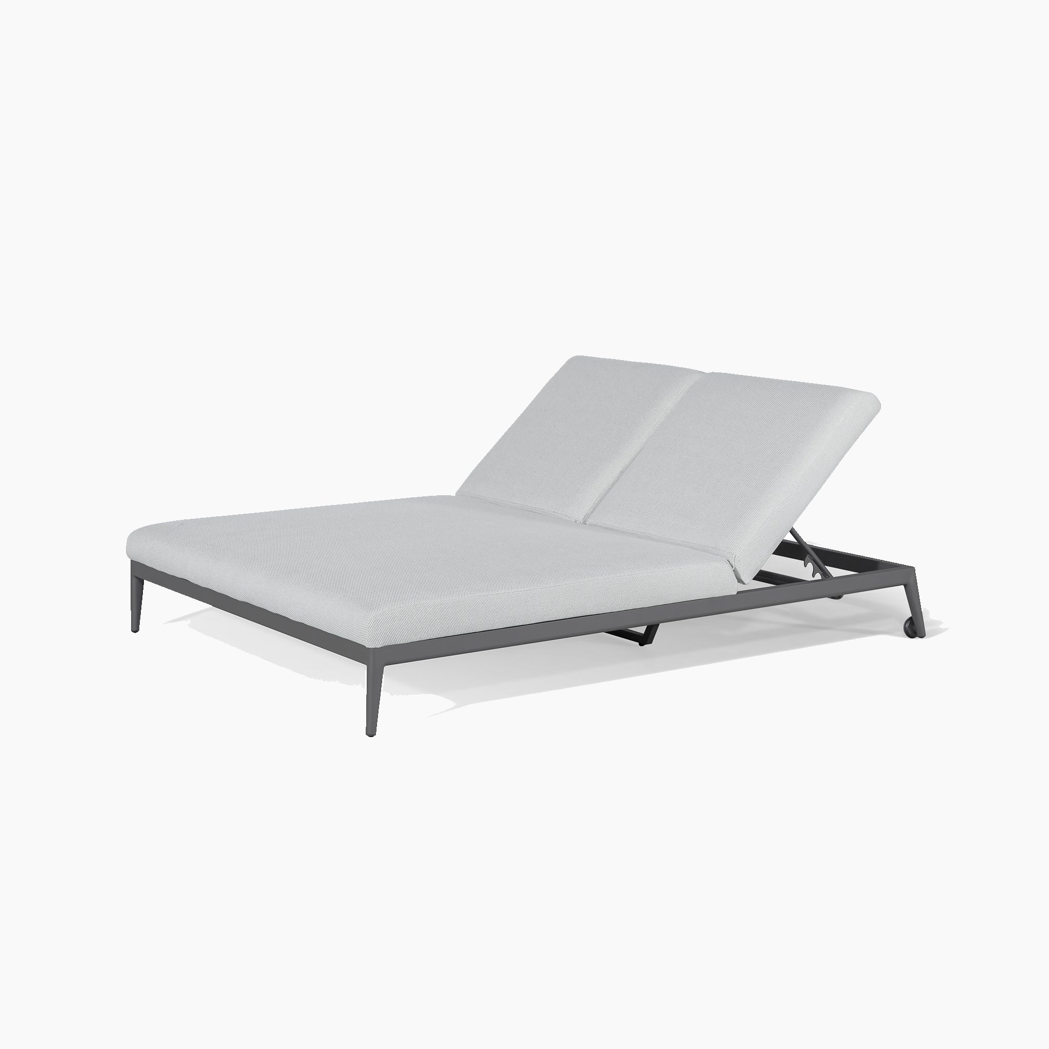 Introducing the Luna Outdoor Fabric Double Sun Lounger in Oyster Grey, a modern piece featuring dual reclining chaise lounge positions, light gray cushions, and a sleek black metal frame that is stain-proof.