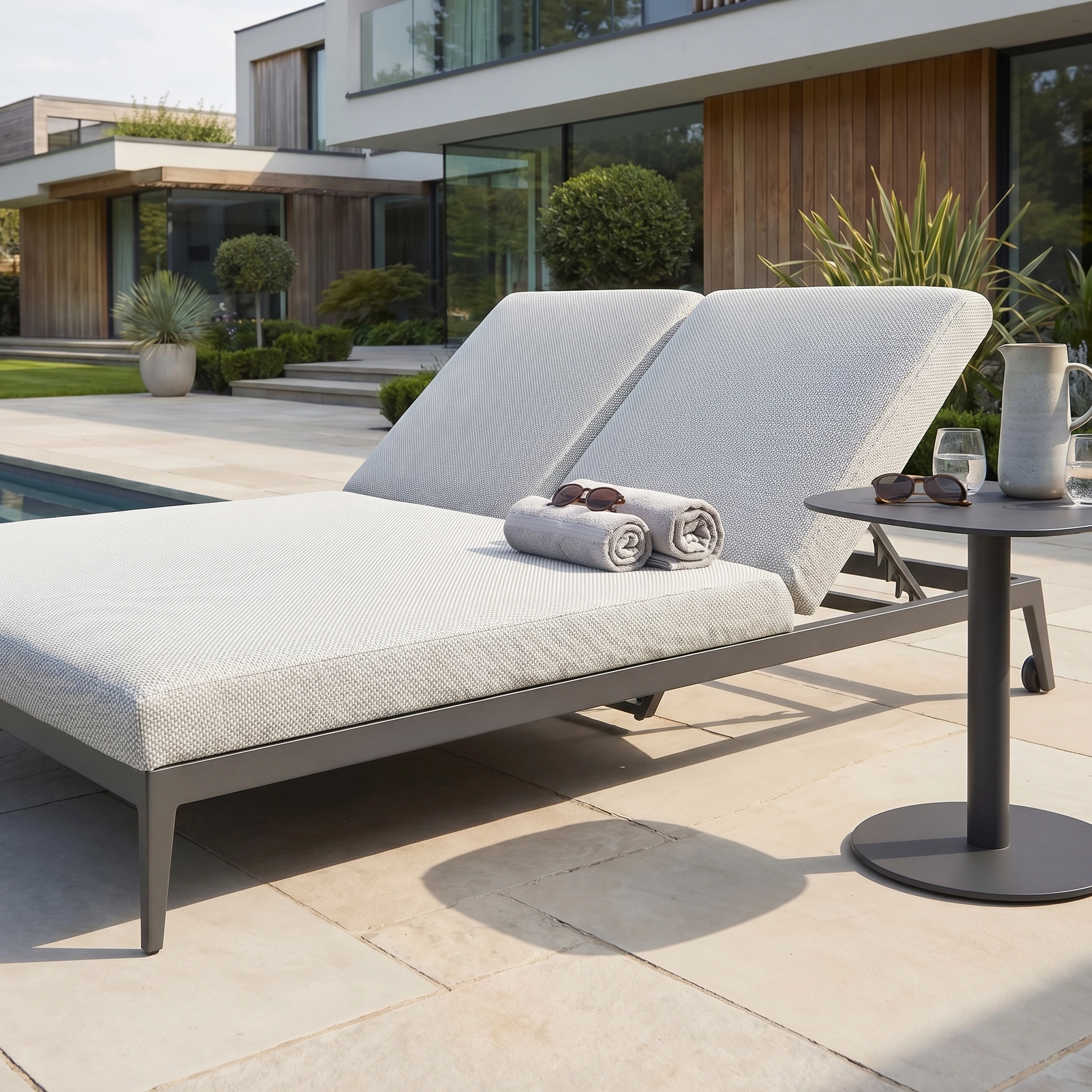 The Luna Outdoor Fabric Double Sun Lounger in Oyster Grey is placed poolside, accompanied by towels and drinks on a small table outside a contemporary house.