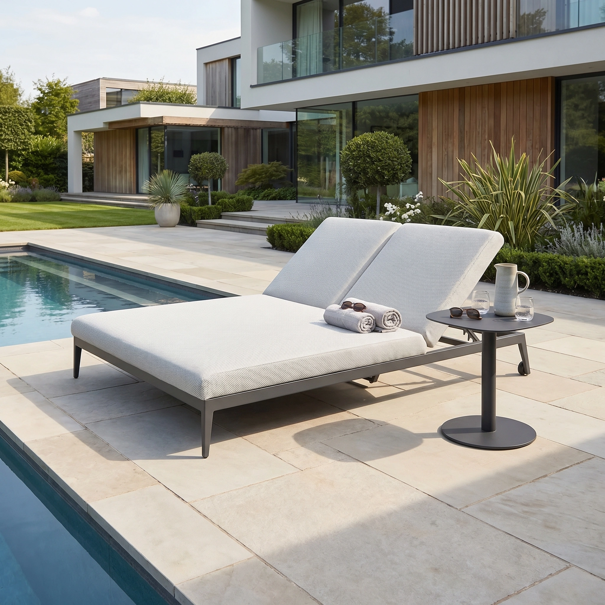A modern poolside features the Luna Outdoor Fabric Double Sun Lounger in Oyster Grey, made from all-weather materials, set with towels and drinks near a contemporary house and garden.