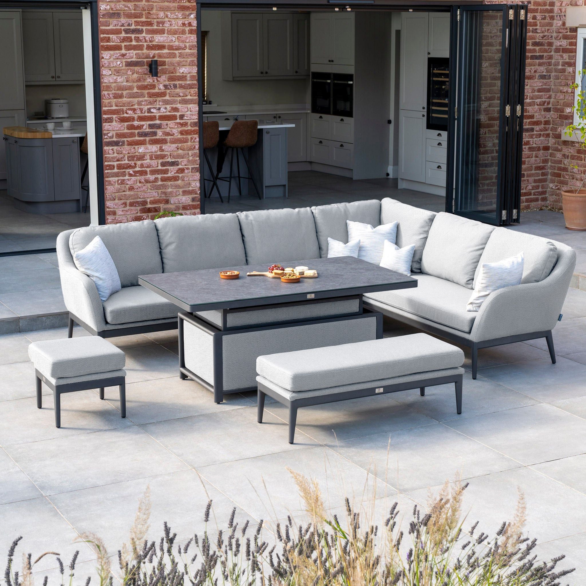 Luna Outdoor Fabric Rectangular Corner Dining Set with Rising Table in Oyster Grey (Right Hand)