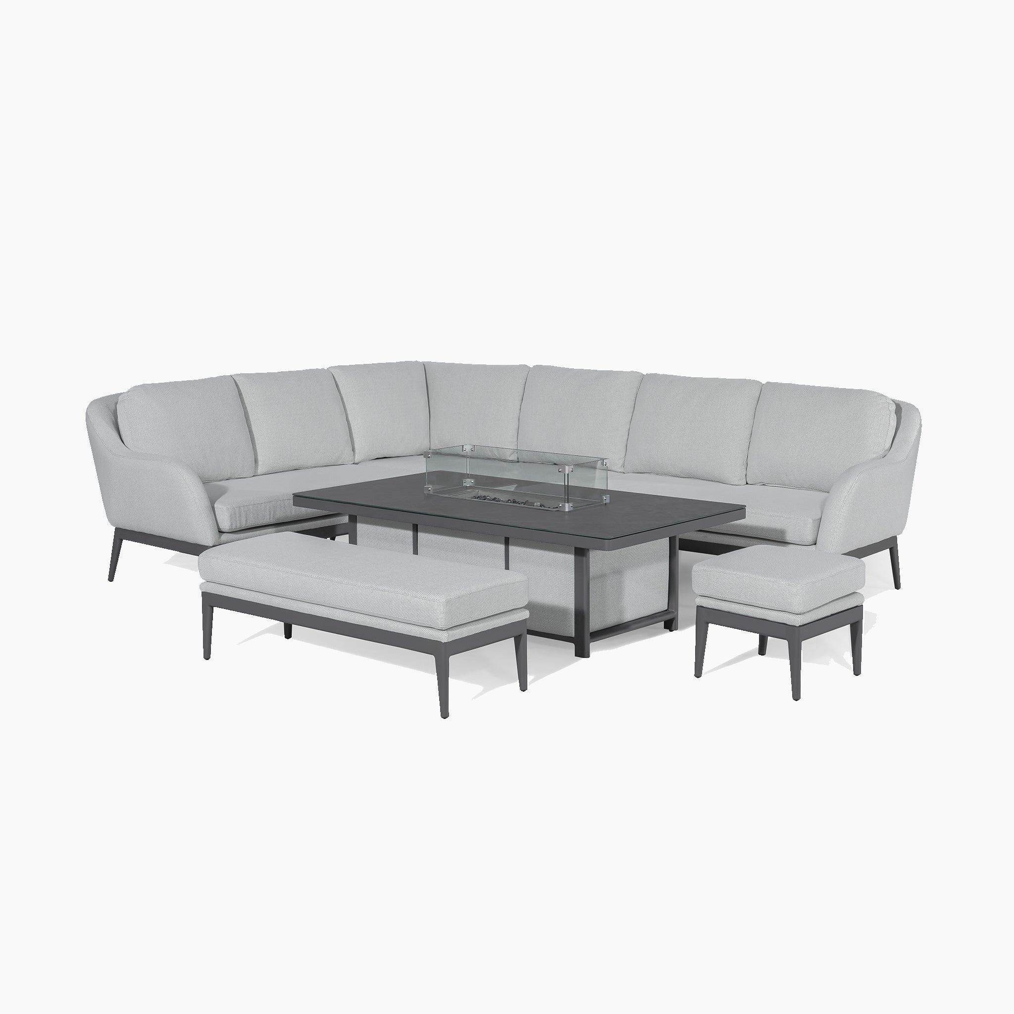 Luna Outdoor Fabric Rectangular Corner Dining Set with Rising Firepit Table in Oyster Grey (Left Hand) featuring a gray L-shaped sectional sofa, complemented by a matching coffee table, bench, and ottoman on a white background.
