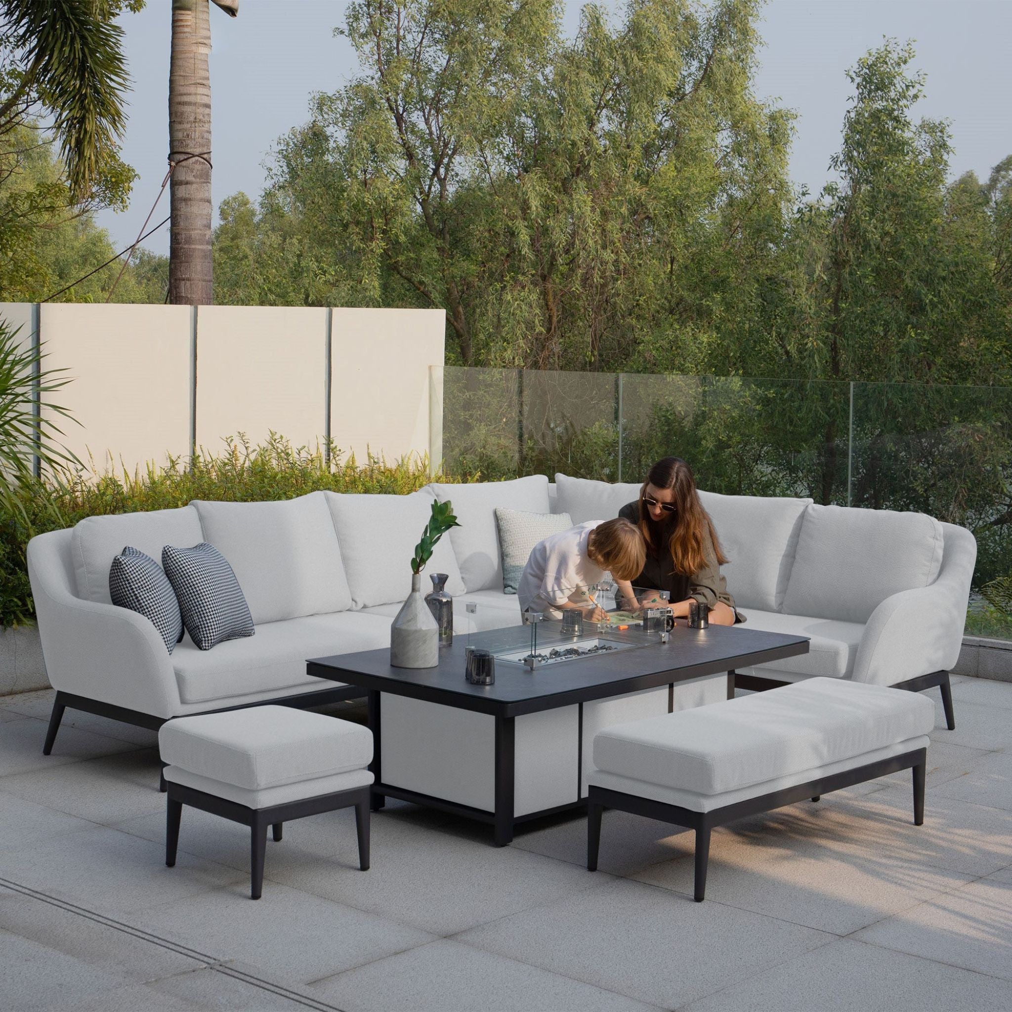 Luna Outdoor Fabric Rectangular Corner Dining Set with Rising Firepit Table in Oyster Grey (Right Hand)