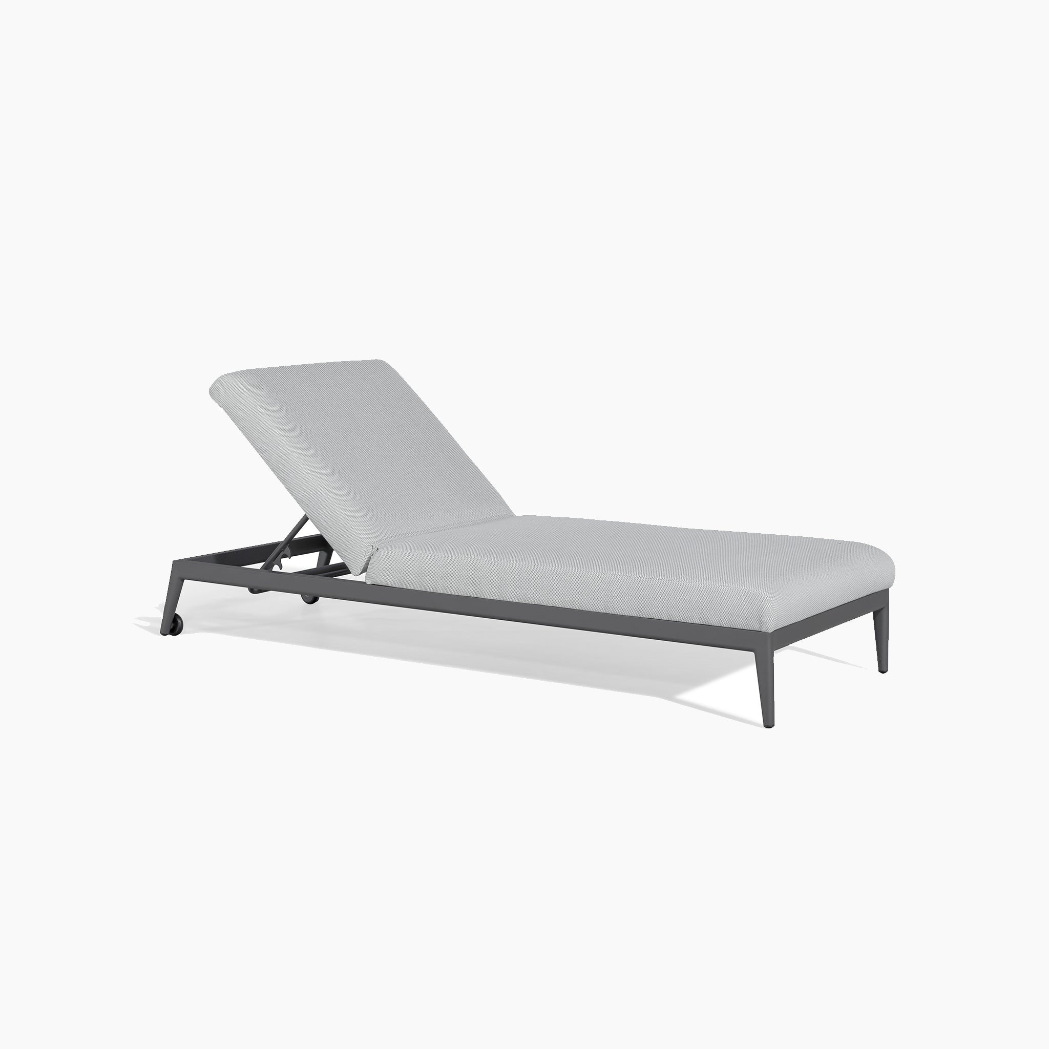 A modern Luna Outdoor Fabric Sun Lounger in Oyster Grey, featuring an adjustable backrest and sleek metal frame, crafted from all-weather material, set against a white background.