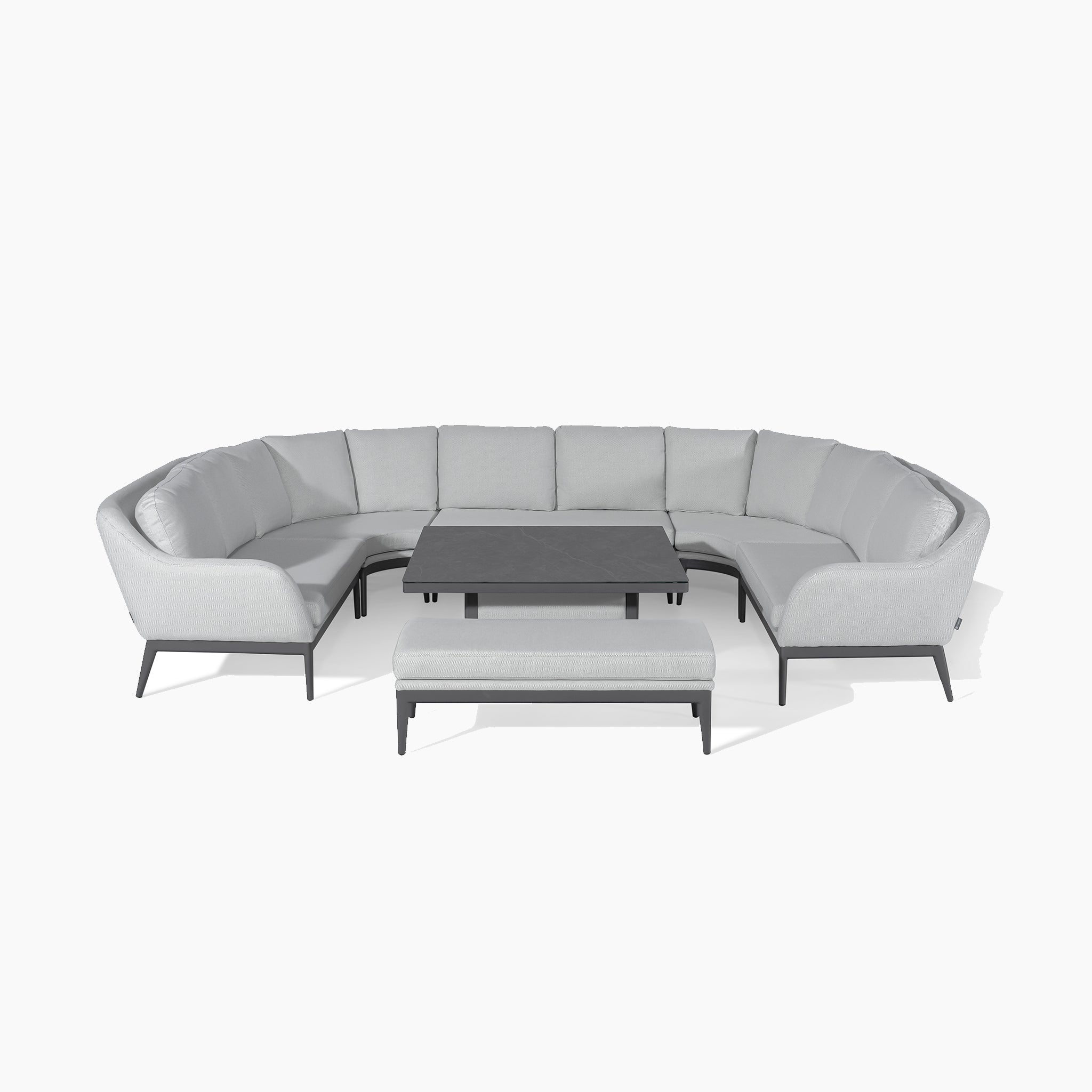 A U-shaped sectional sofa in oyster grey outdoor fabric, named Luna U-Shape Outdoor Fabric Corner Dining, is paired with a coordinating two-tiered coffee table and bench, all displayed against a white background.