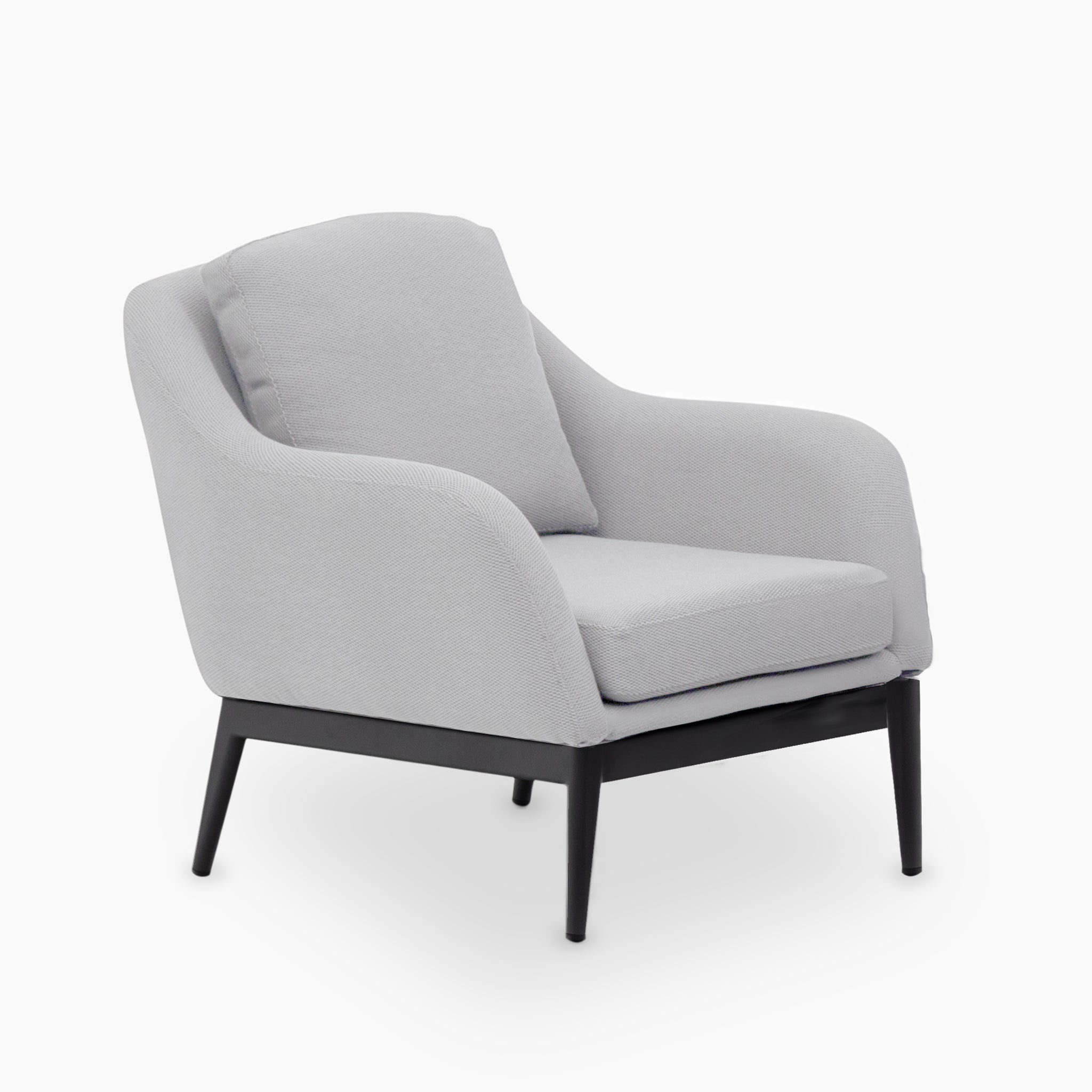A modern Luna Armchair in Oyster Grey with black legs and a padded cushion and backrest on a white background, all crafted from durable all-weather outdoor fabric.