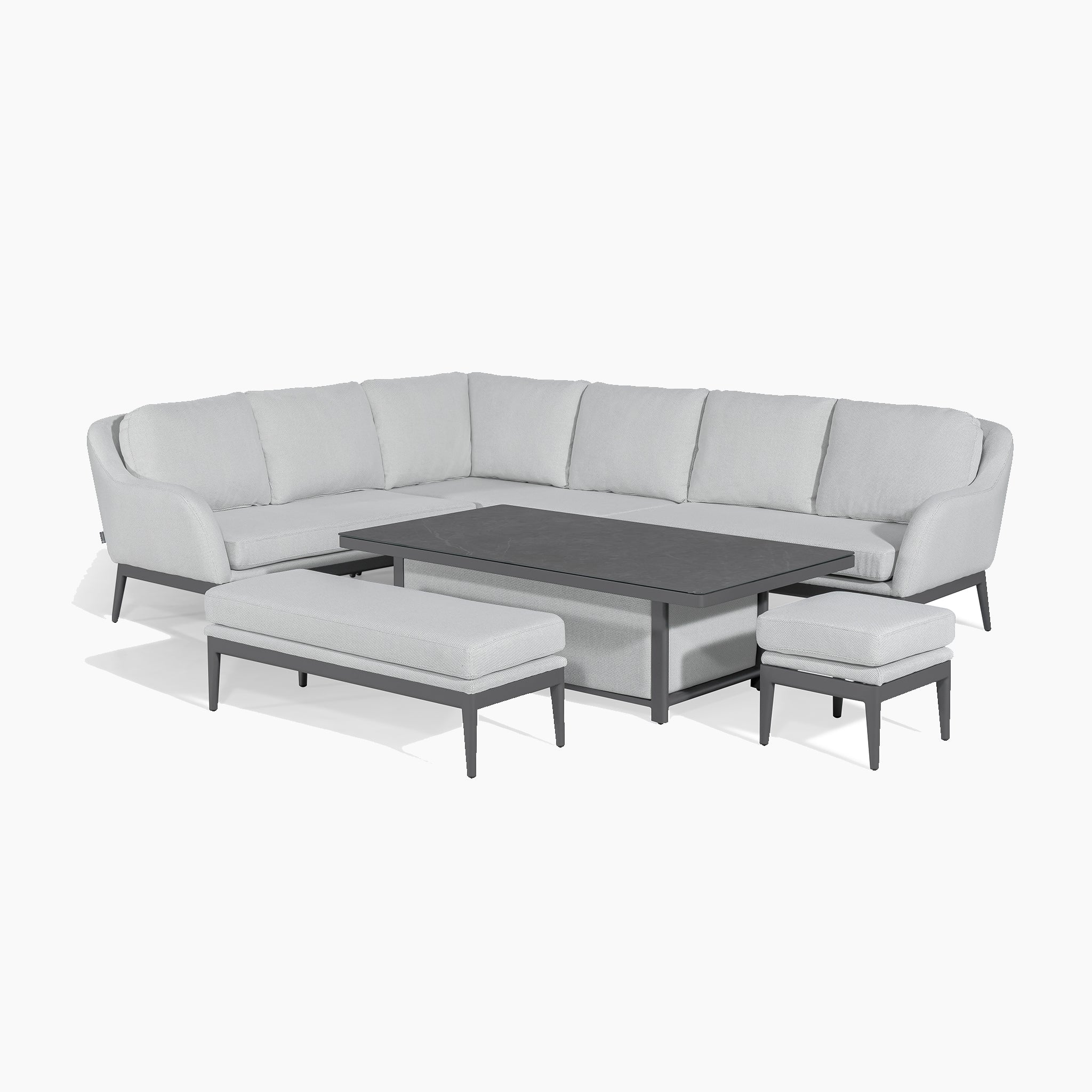 Light gray sectional sofa set includes a matching bench, ottoman, and rectangular coffee table on a white background, featuring the Luna Outdoor Fabric Rectangular Corner Dining Set with Rising Table in Oyster Grey (Left Hand) for a maintenance-free experience.