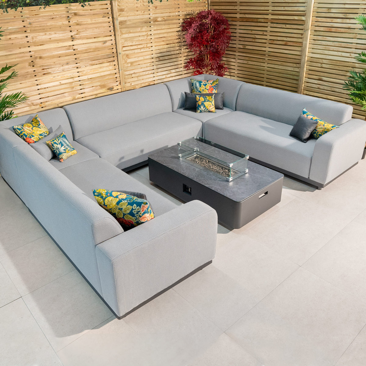 Luna UShape Outdoor Fabric Sofa Set with Firepit Coffee Table in Oyst