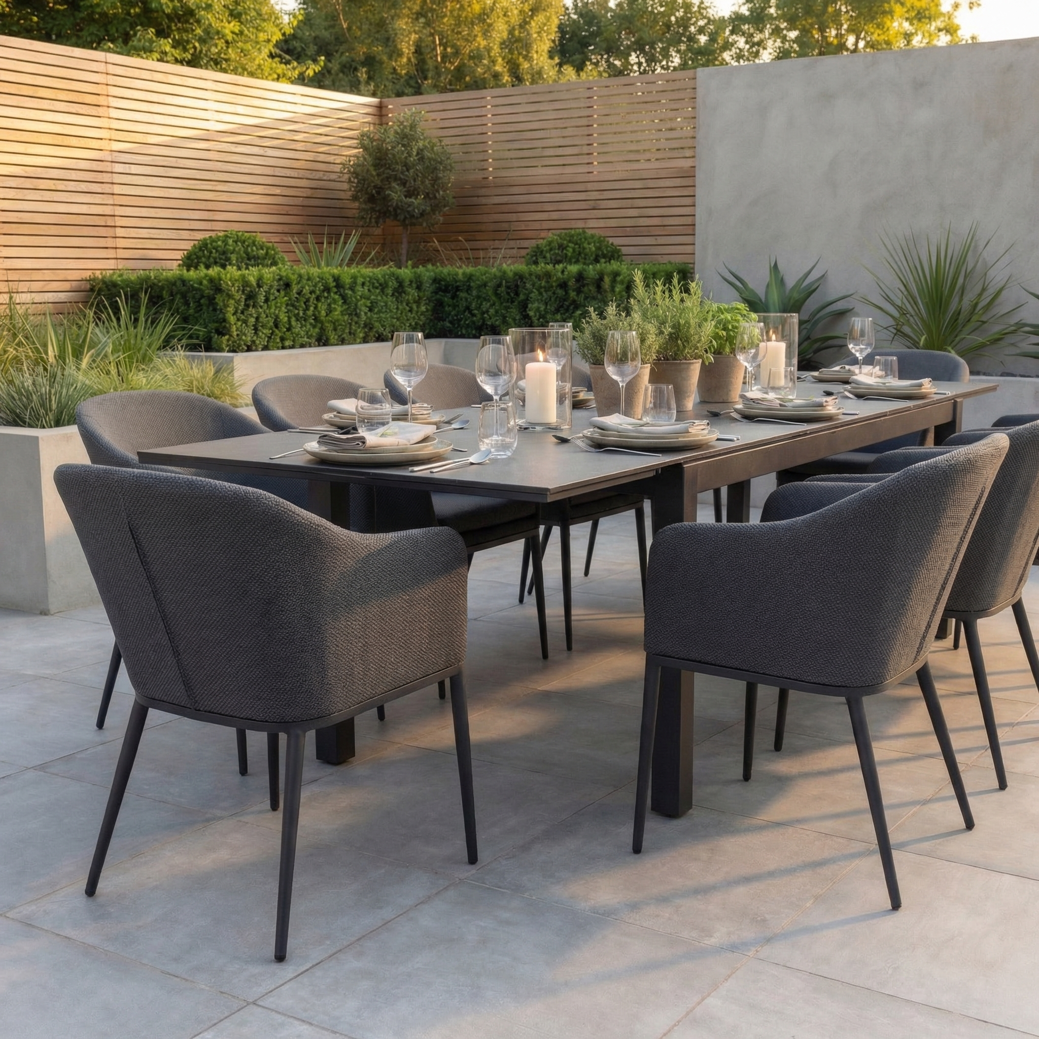 The Luna 10 Seat Outdoor Fabric Extending Ceramic Dining Set in Grey is showcased with tableware, candles, and plants for a modern outdoor dining experience in a stylish garden setting.