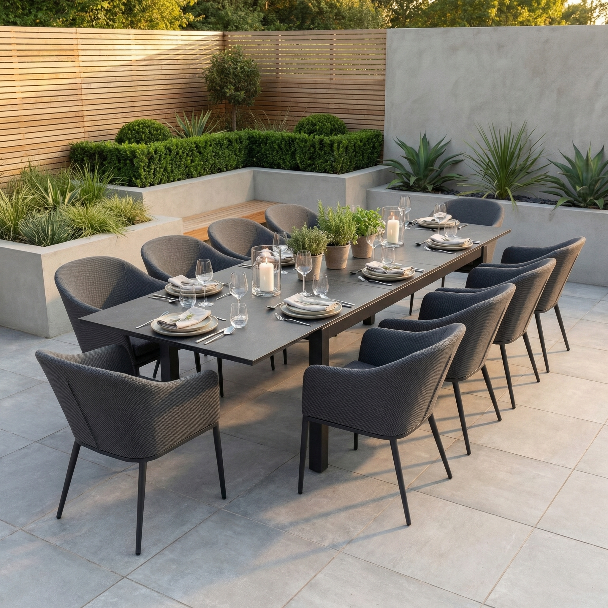 The Luna 10 Seat Outdoor Fabric Extending Ceramic Dining Set in Grey offers stylish, stain-resistant grey chairs and a ceramic table—ideal for chic dining on a tiled patio with modern landscaping.