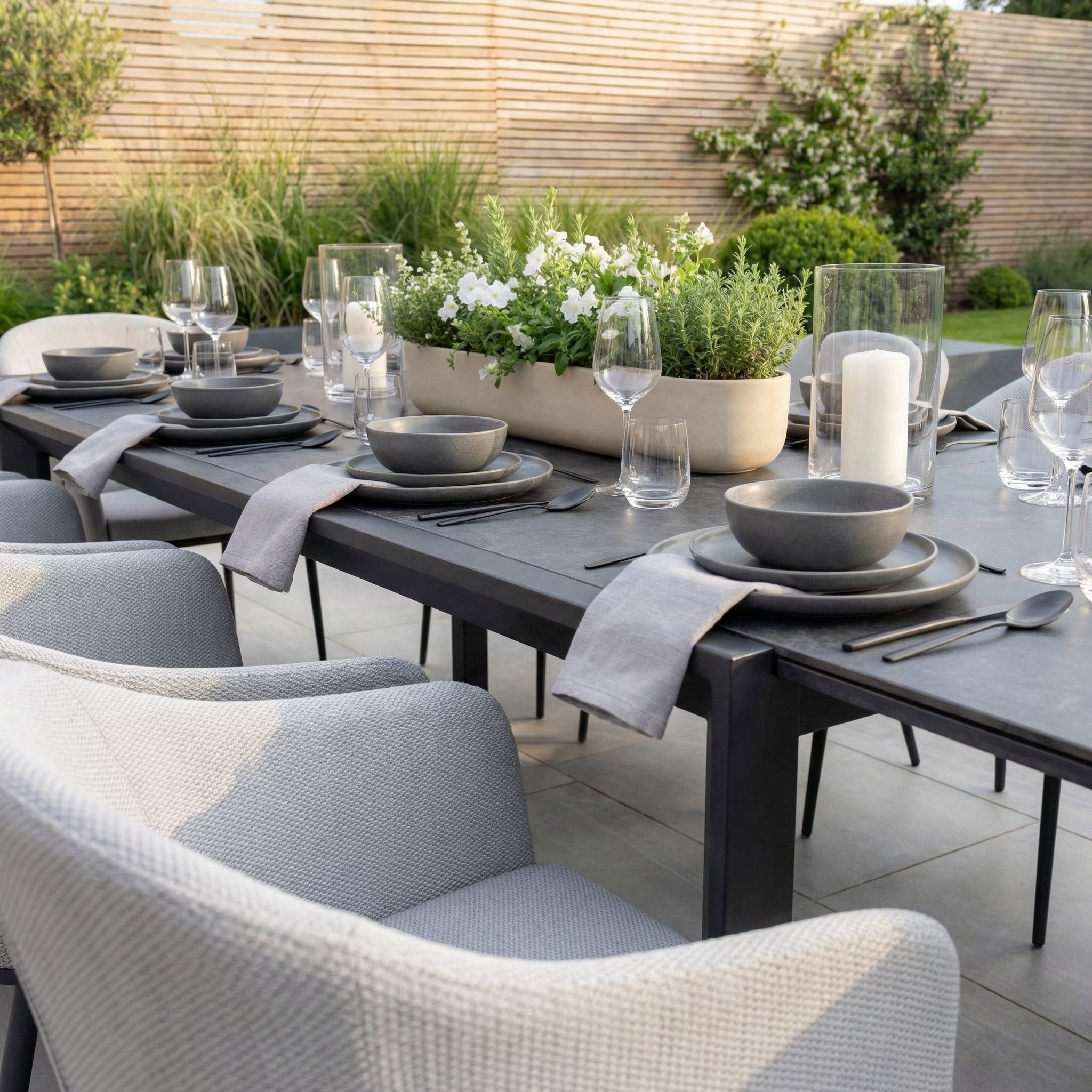 The Luna 10 Seat Outdoor Fabric Extending Ceramic Dining Set in Oyster Grey features durable outdoor fabric and is perfect for stylish garden gatherings, complete with gray dishes, glassware, candles, and a planter.