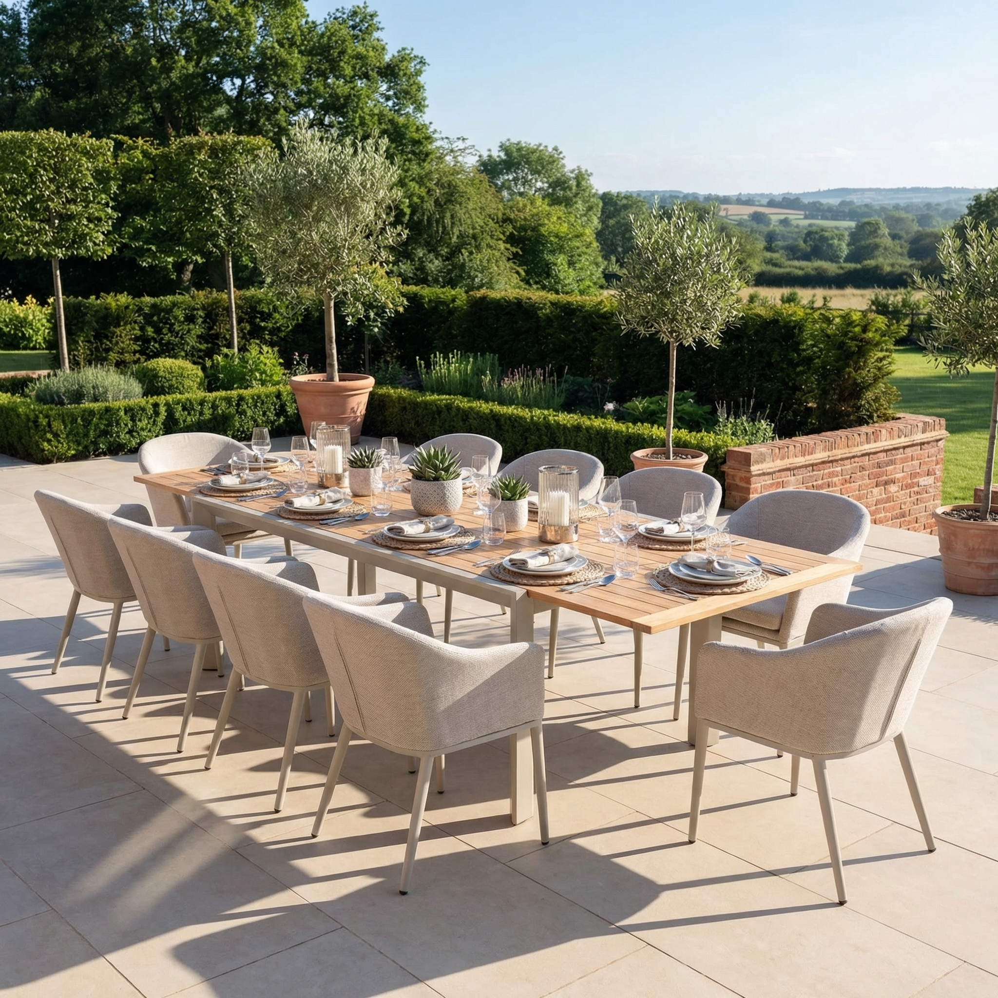 The Luna 10 Seat Outdoor Fabric Extending Teak Dining Set in Fawn is arranged for dining with ten chairs on a patio, crafted from all-weather materials—ideal for elegant outdoor gatherings overlooking the garden.
