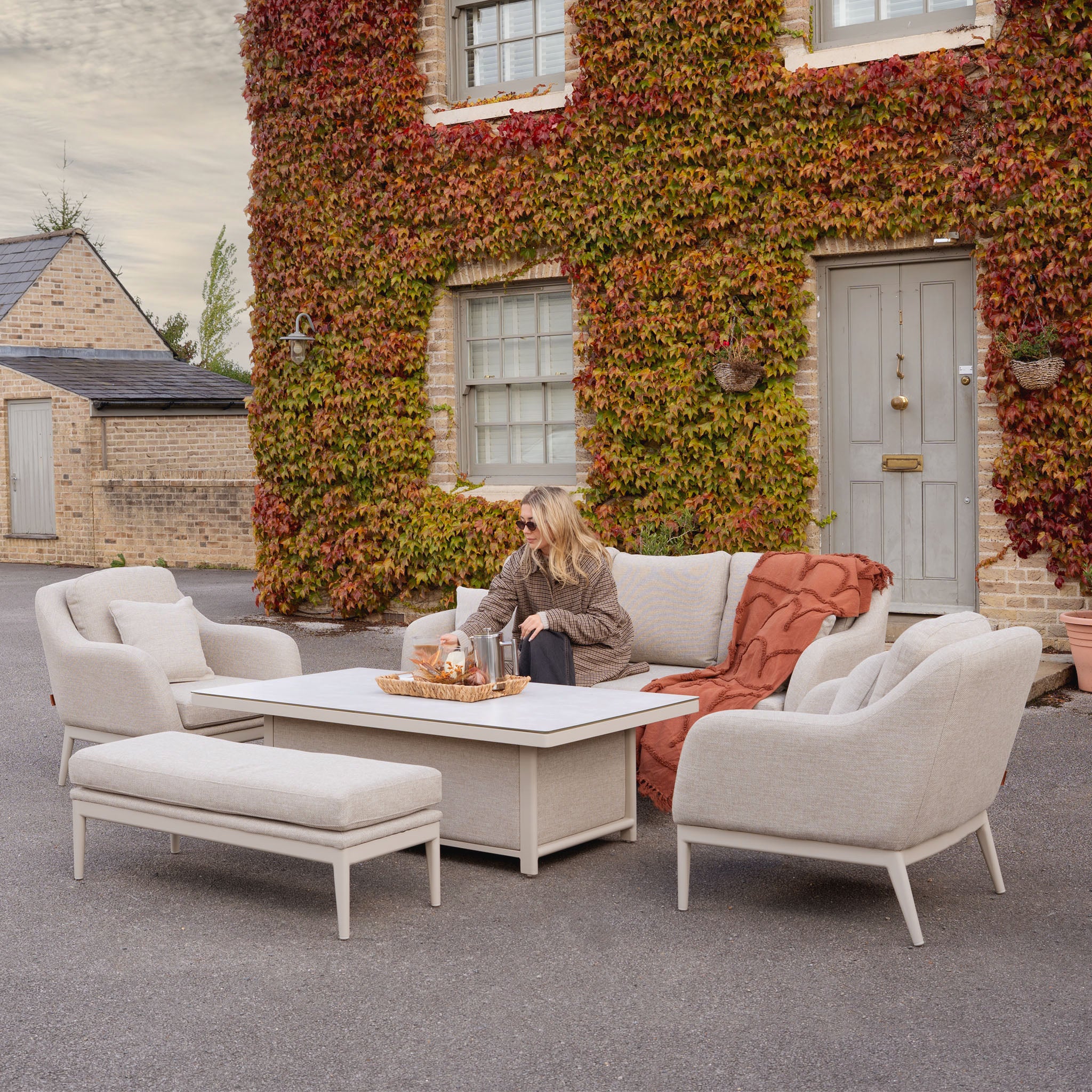 Luna 3 Seat Outdoor Fabric Sofa Set with Rising Table in Fawn
