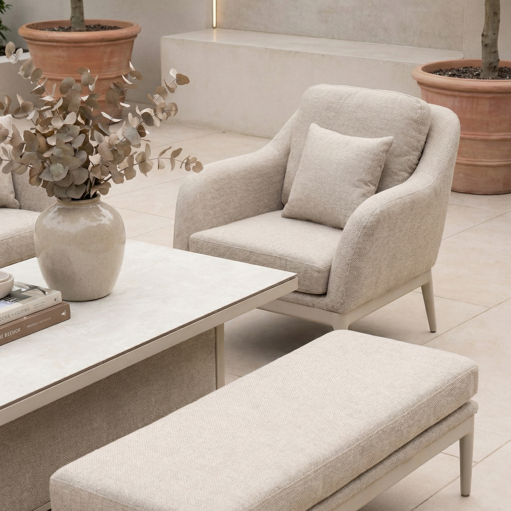 The Luna 3 Seat Outdoor Fabric Sofa Set with Rising Table in Fawn features stylish all-weather seating, perfect for modern patios.