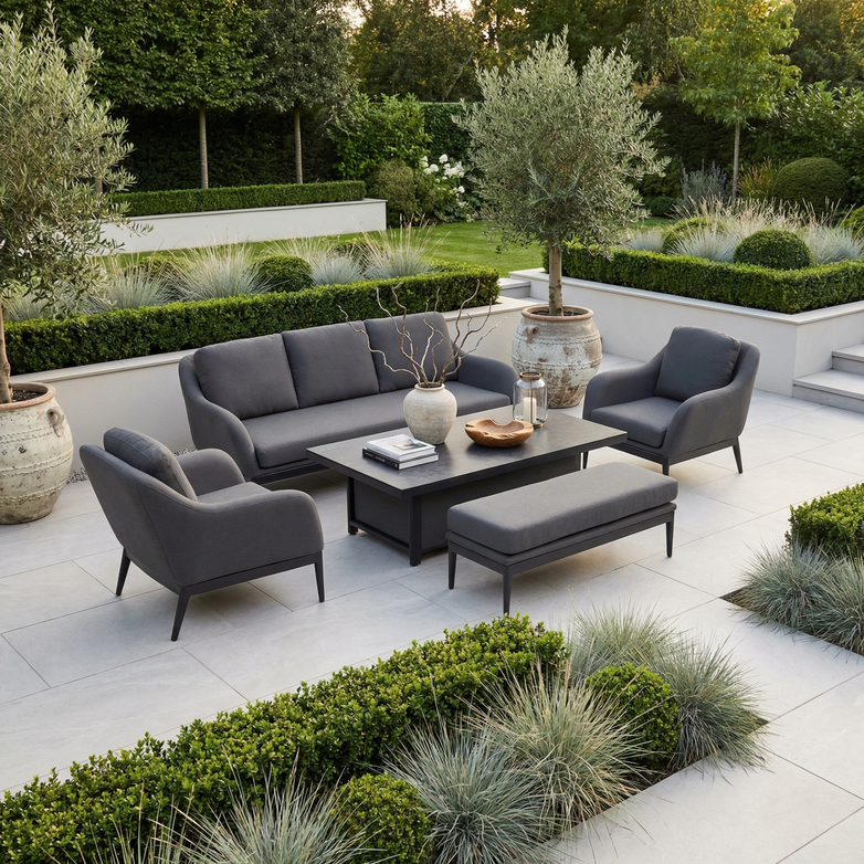 The Luna 3 Seat Outdoor Fabric Sofa Set with Rising Table in Grey offers a modern patio setup with a stylish grey sofa and adjustable table for outdoor living.