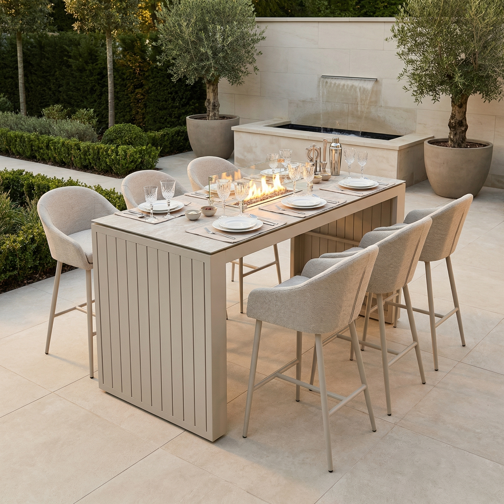 The Luna 6 Seat Outdoor Fabric Ceramic Firepit Bar Set in Fawn, made from all-weather materials, features six chairs and a fire feature—perfect for outdoor dining.