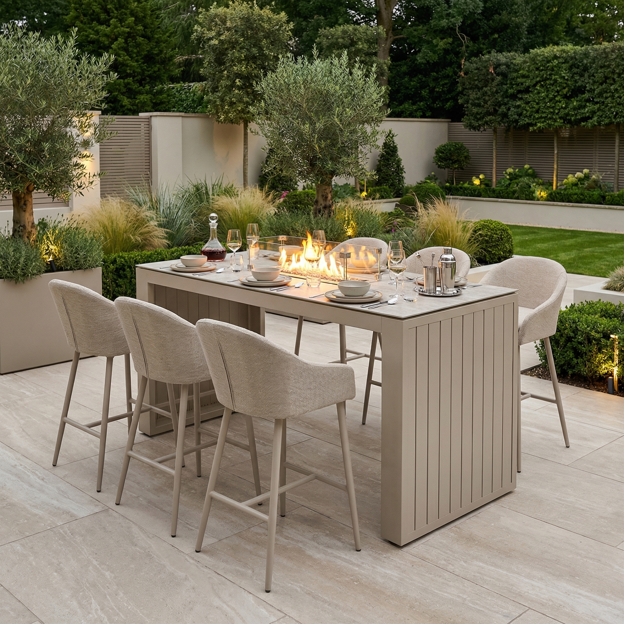 Fawn Luna 6 Seat Outdoor Fabric Ceramic Firepit Bar Set, ideal for modern gardens, features all-weather materials.