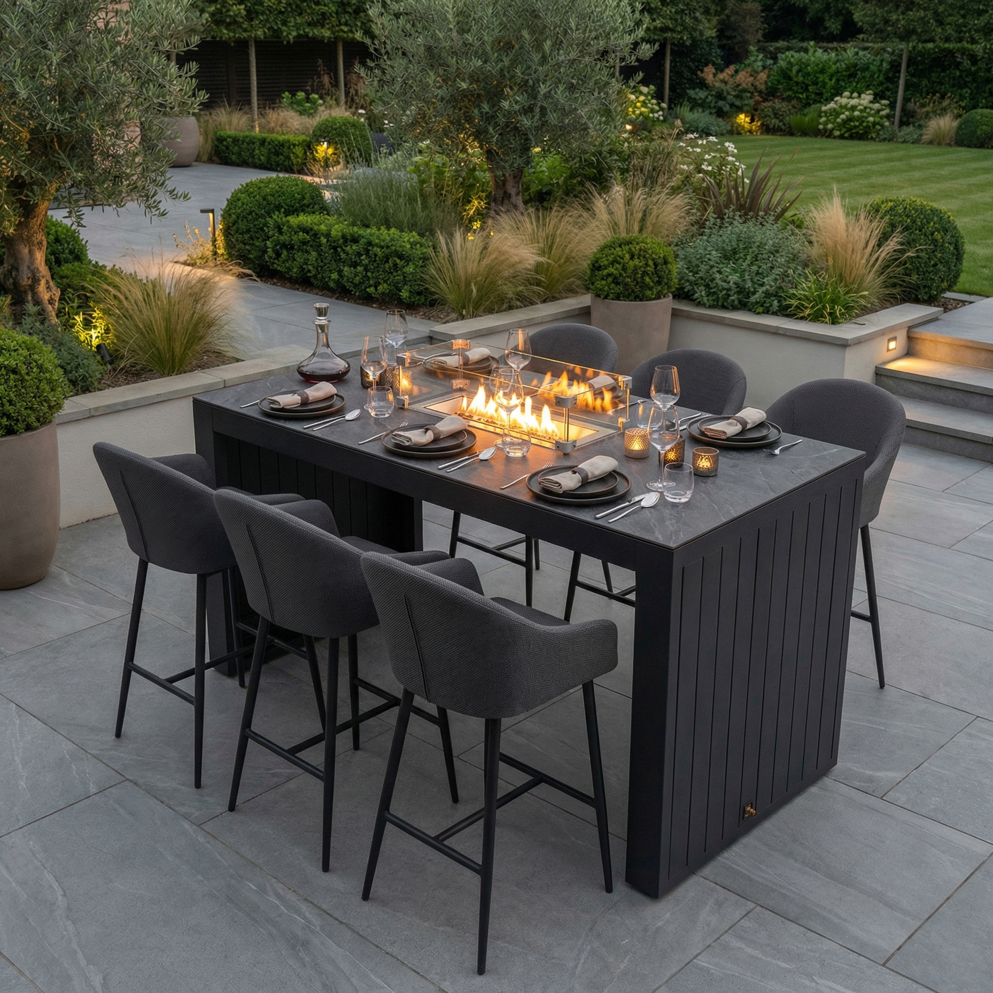 The Luna 6 Seat Outdoor Fabric Ceramic Firepit Bar Set in Grey features a dining table with six chairs and built-in firepit, ideal for stylish dinners and entertaining outdoors.