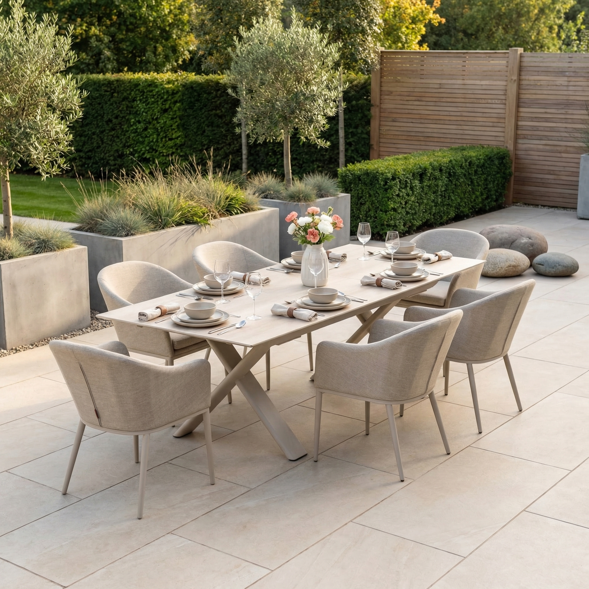 The Luna 6 Seat Outdoor Fabric Dining Set with Albatross Extending Table in Fawn features seating for six, stylish fabric chairs, and a spacious table—ideal for alfresco dining on your patio.
