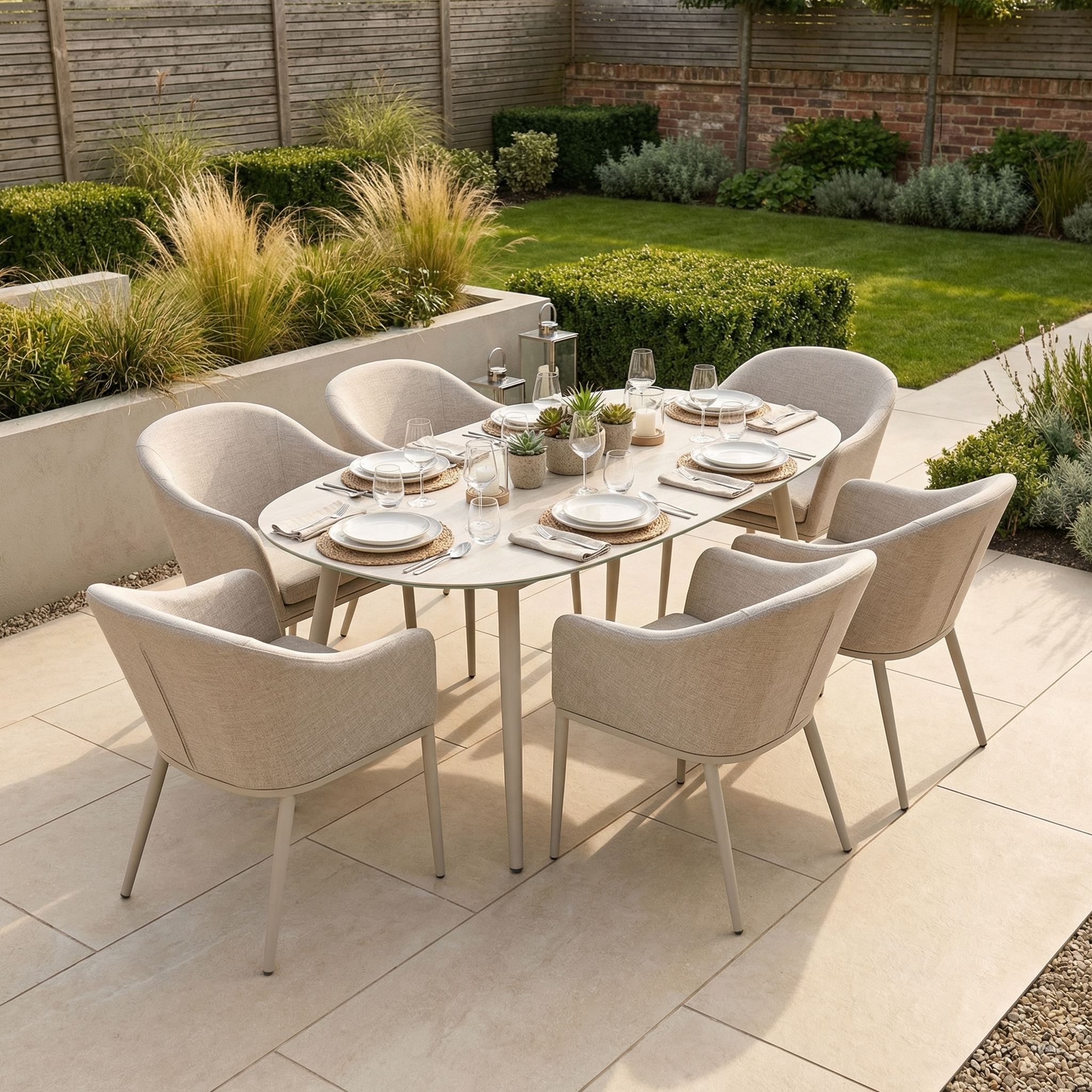 The Luna 6 Seat Outdoor Fabric Oval Ceramic Dining Set in Fawn, displayed on a tiled terrace in a landscaped garden, is crafted from all-weather materials for lasting outdoor elegance and includes stylish tableware.